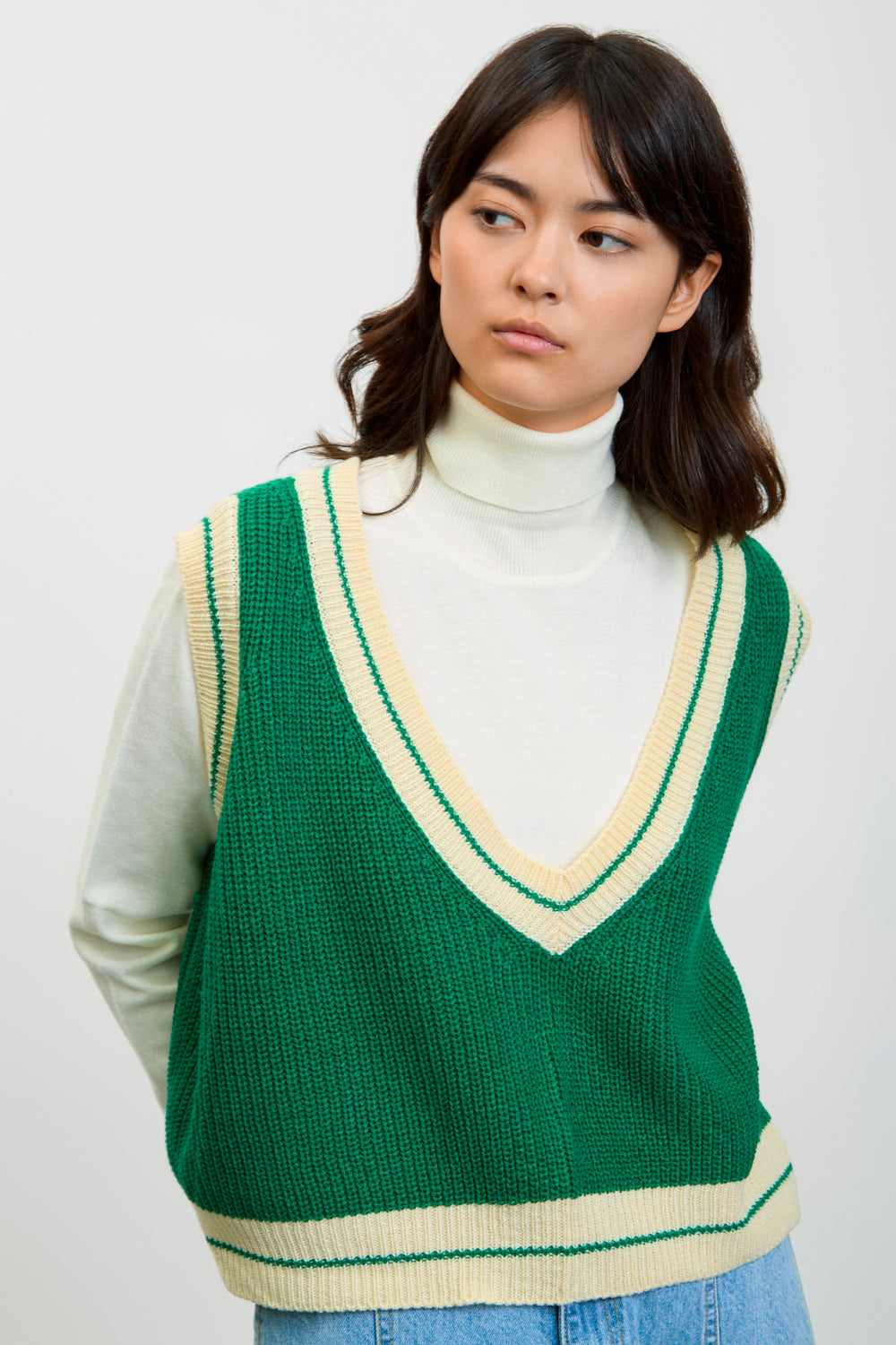 Green deep V varsity sweater vest_1