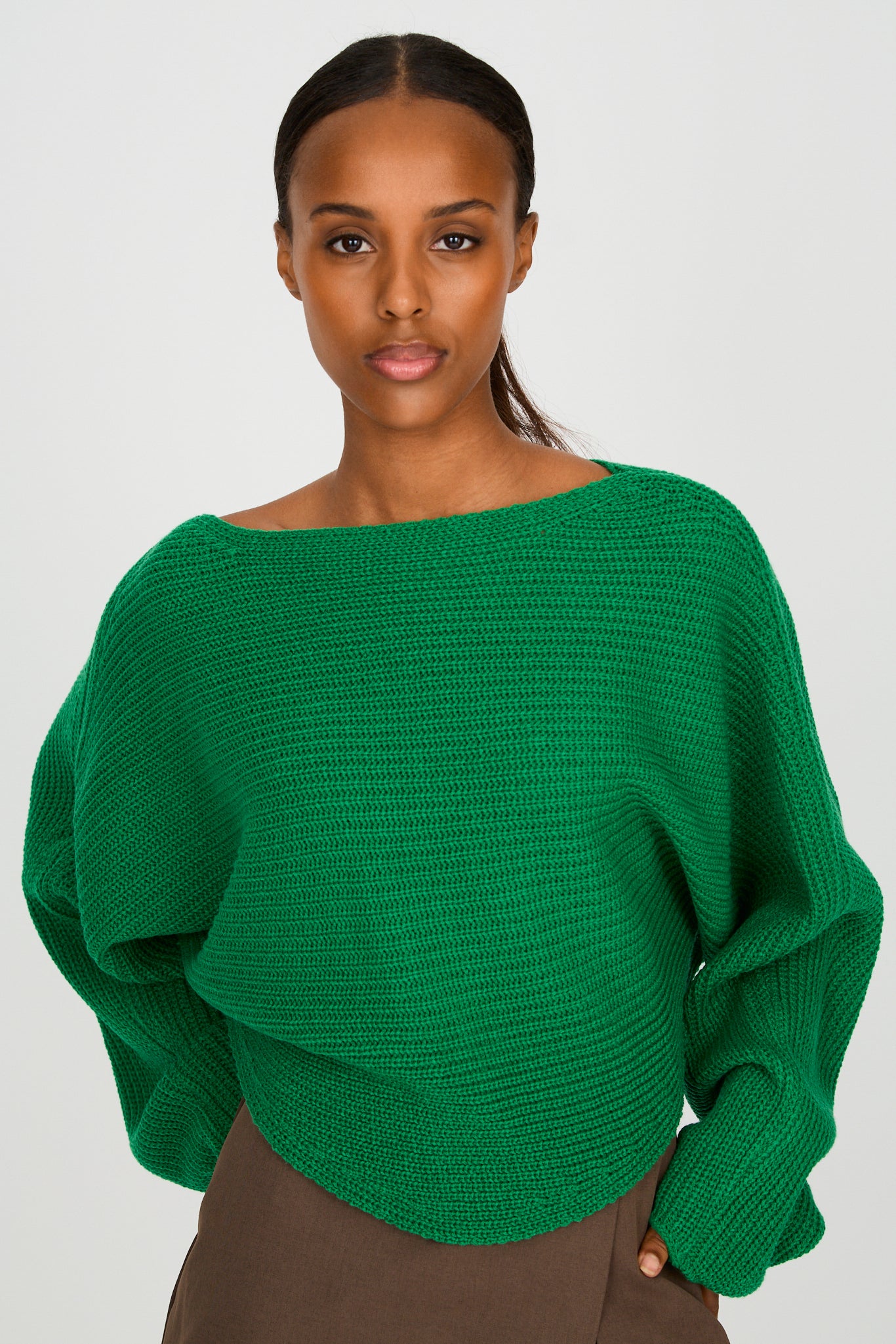 Green horizontal rib boat neck jumper_1