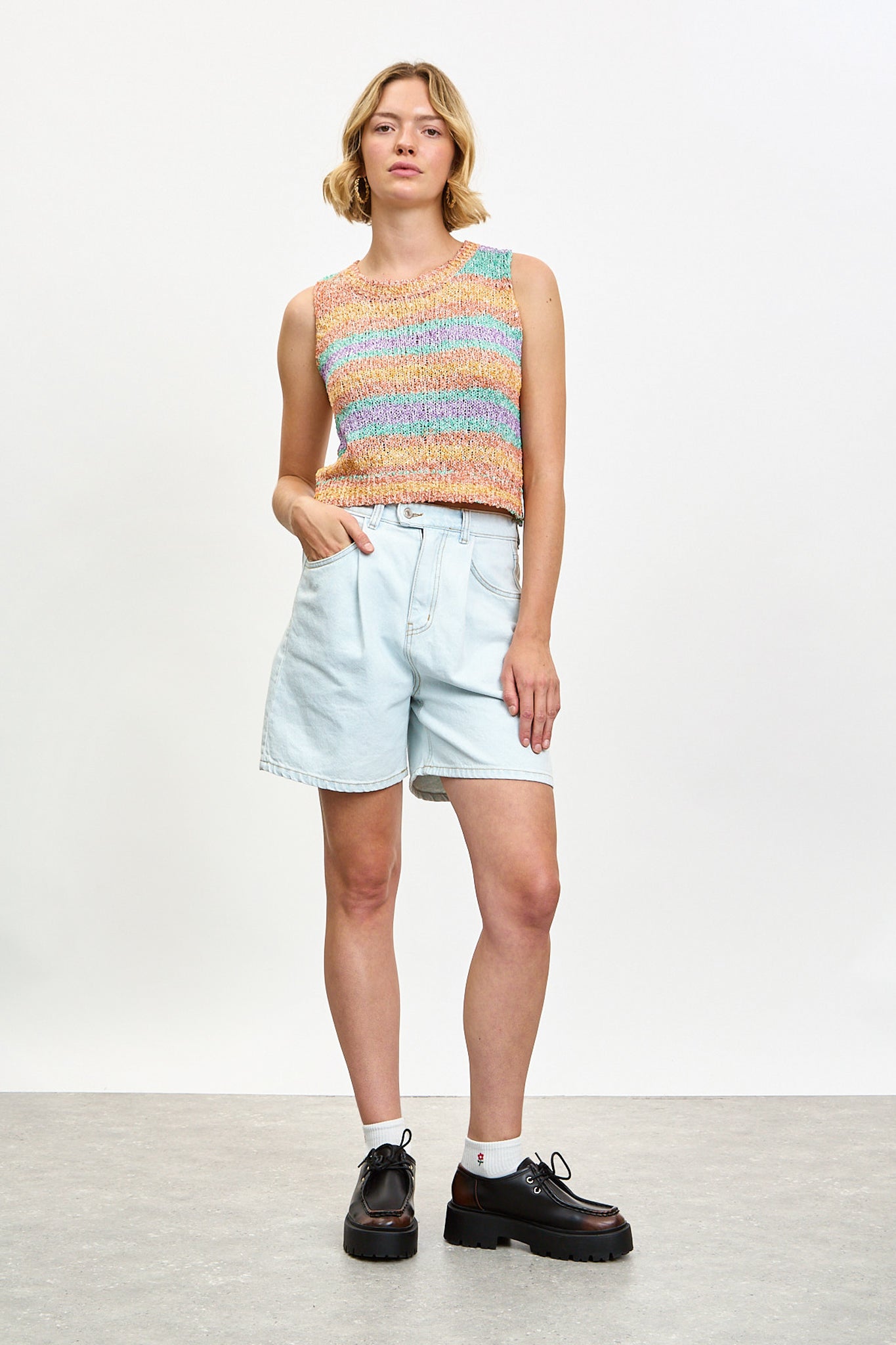 Green orange and lilac bright striped sweater vest_4