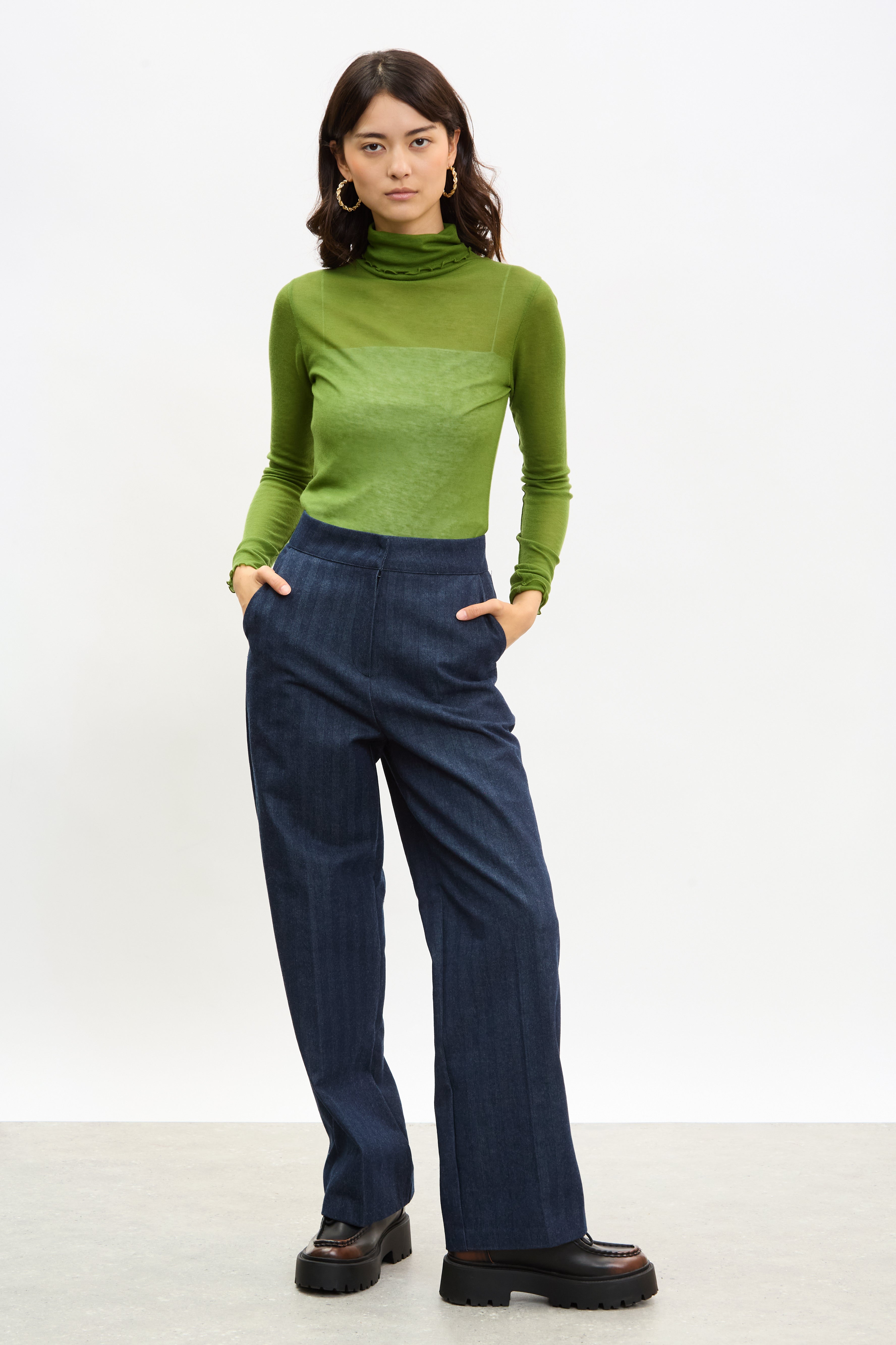 Green sheer ruffle turtleneck top_4