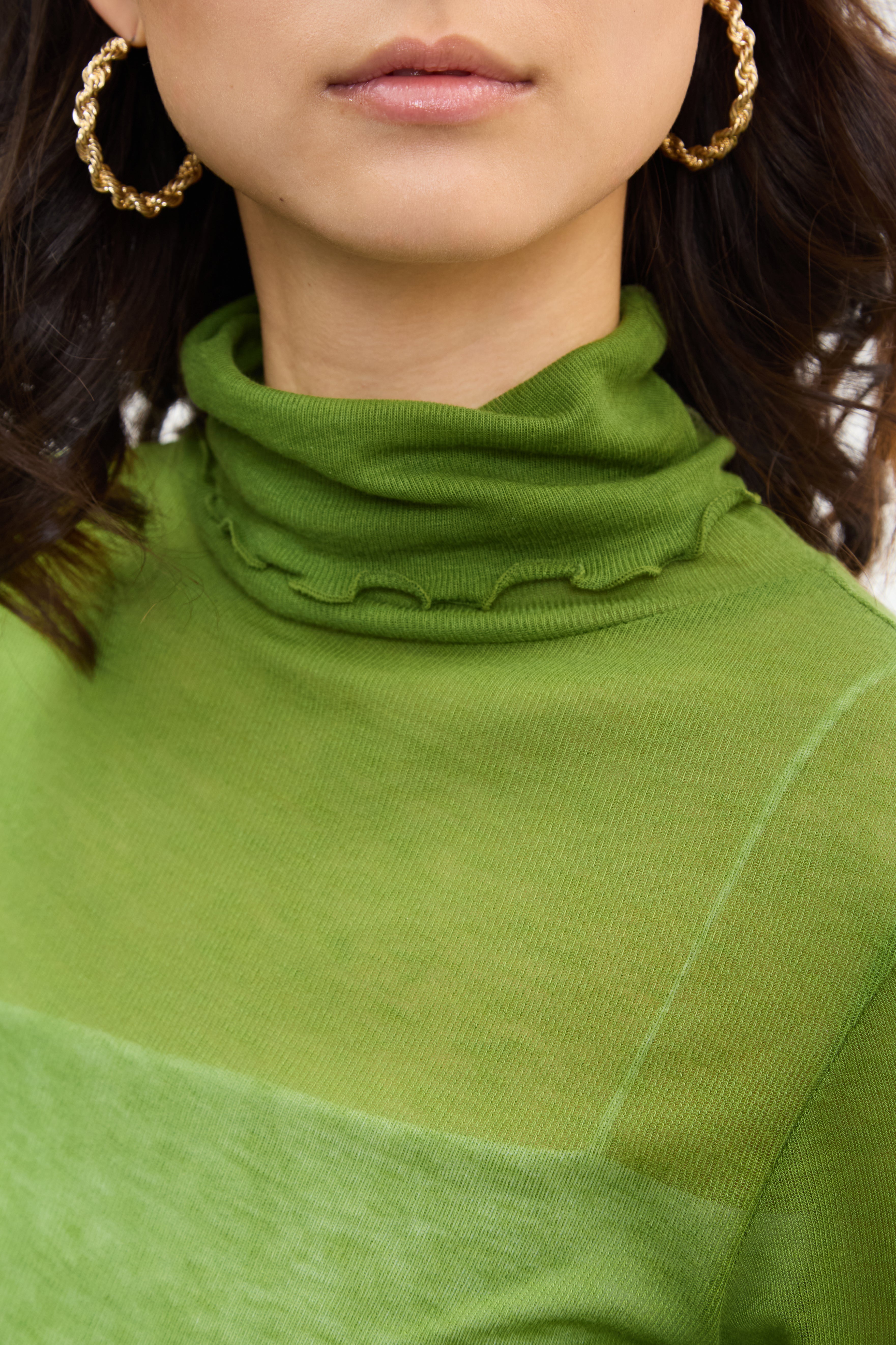 Green sheer ruffle turtleneck top_3