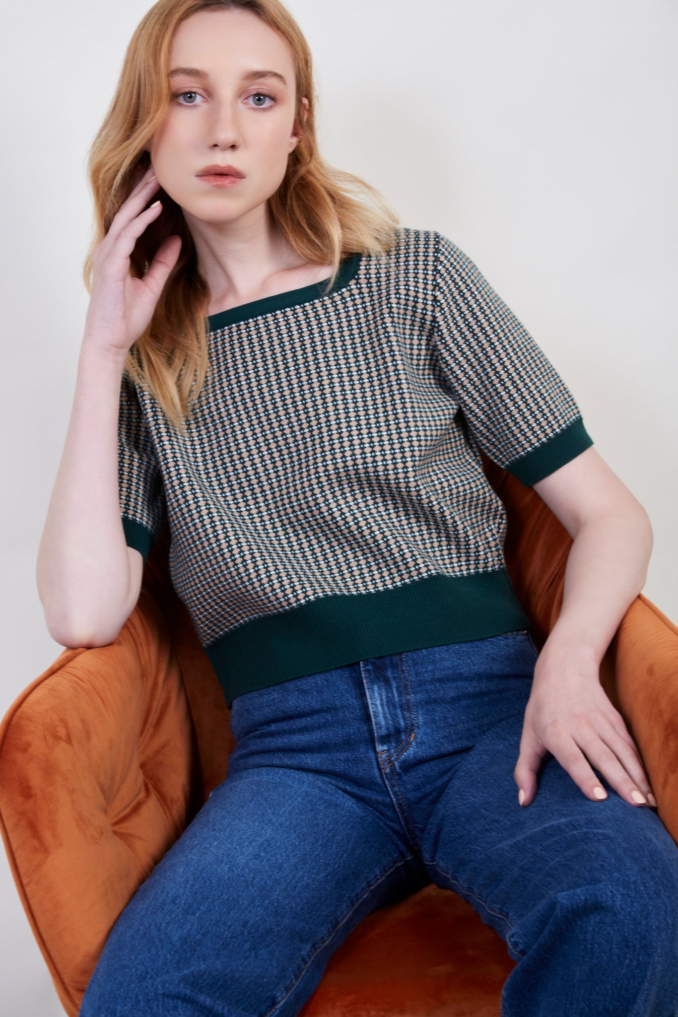 Green and beige dots knit tee_1