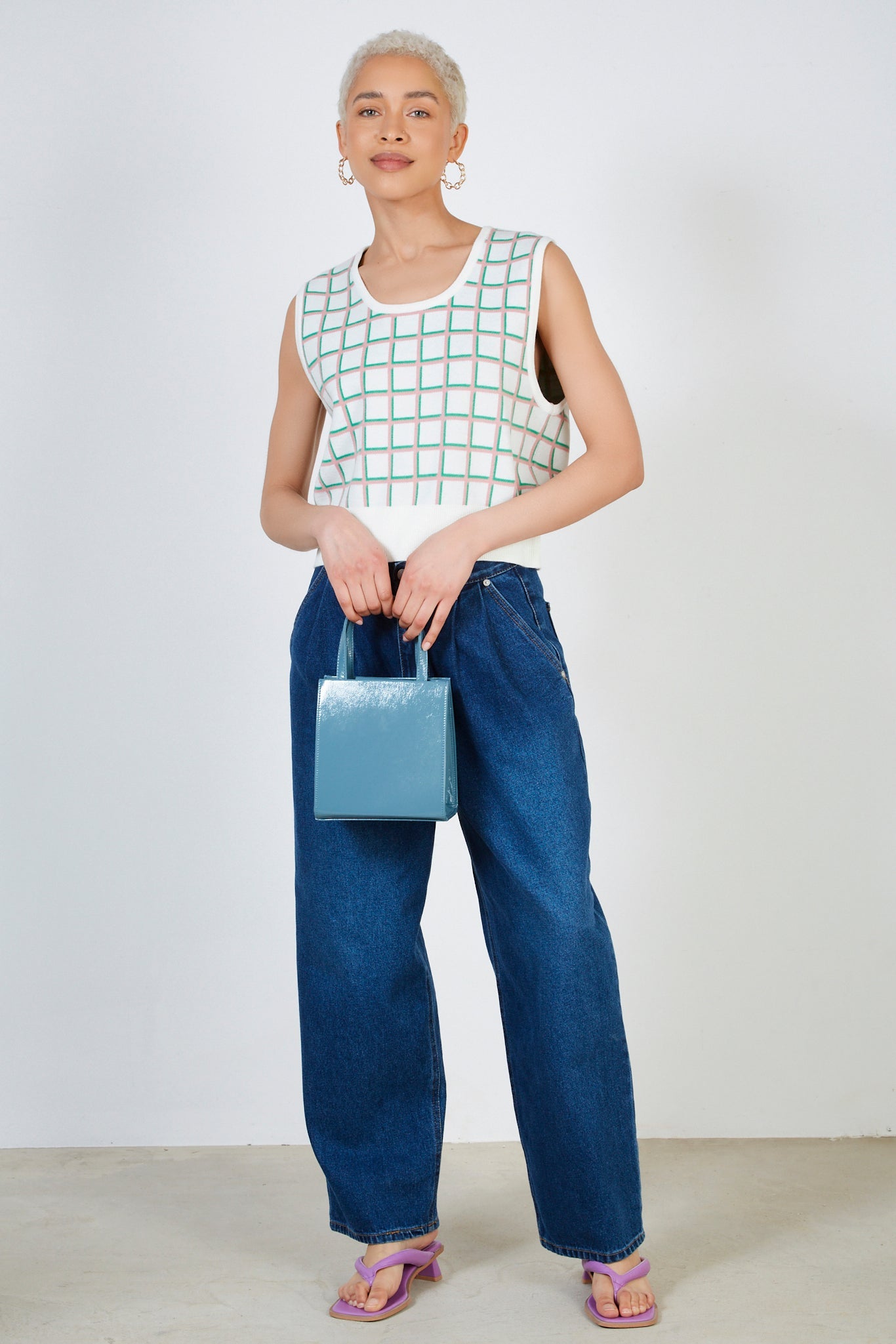 Green and pink box check sweater vest_3