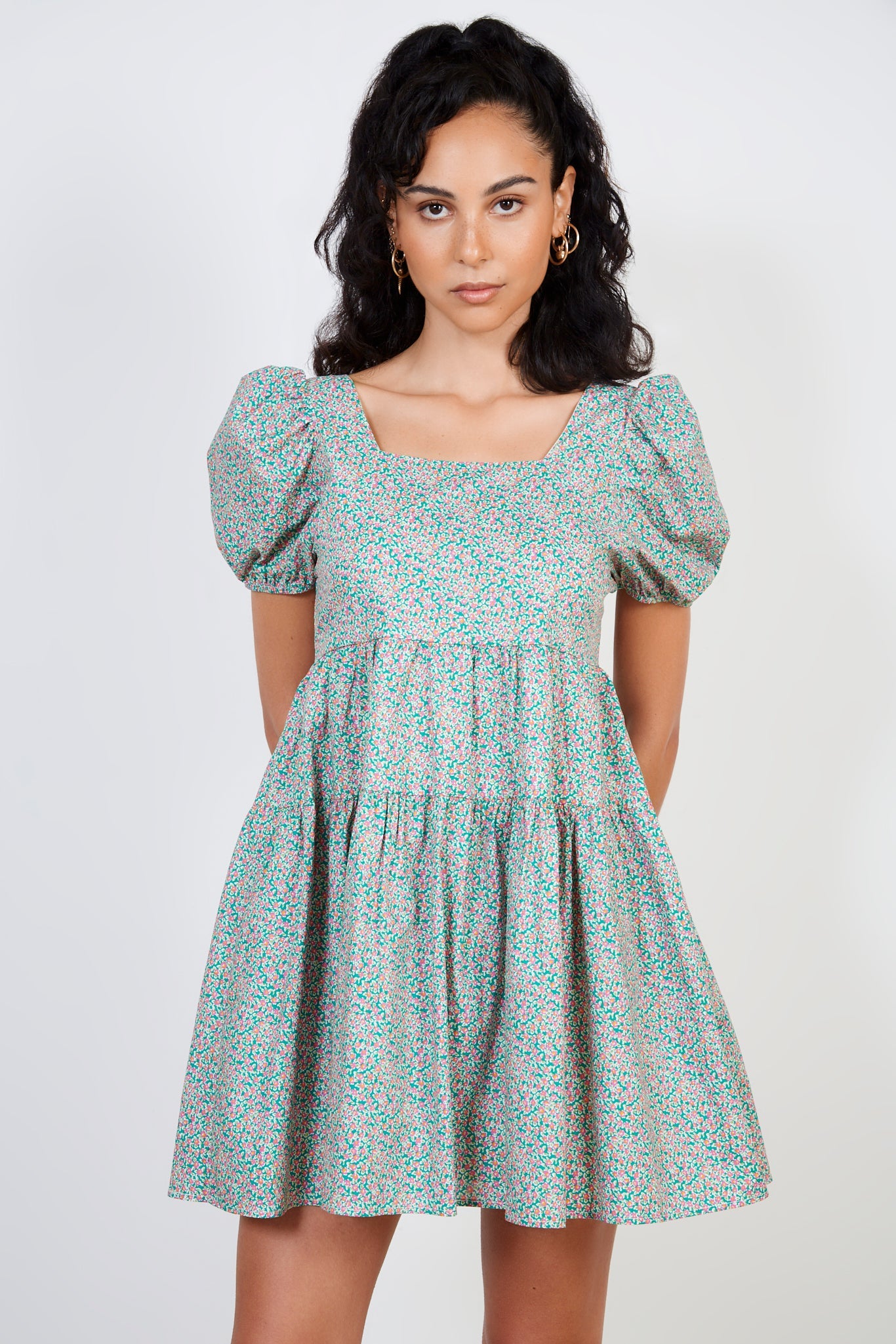 Green and pink ditsy floral print tie back dress