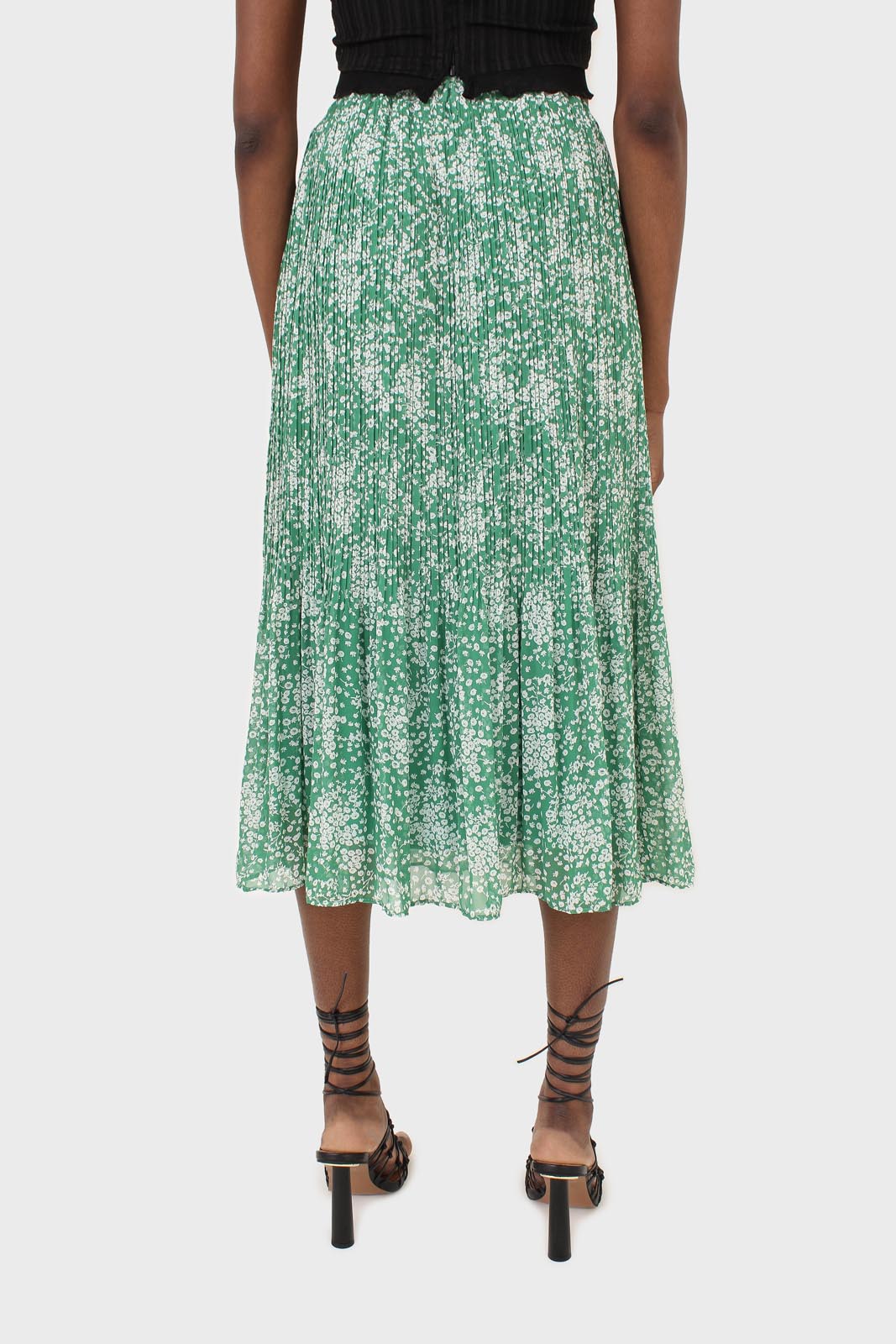 Green and white printed pleated midi skirt_4