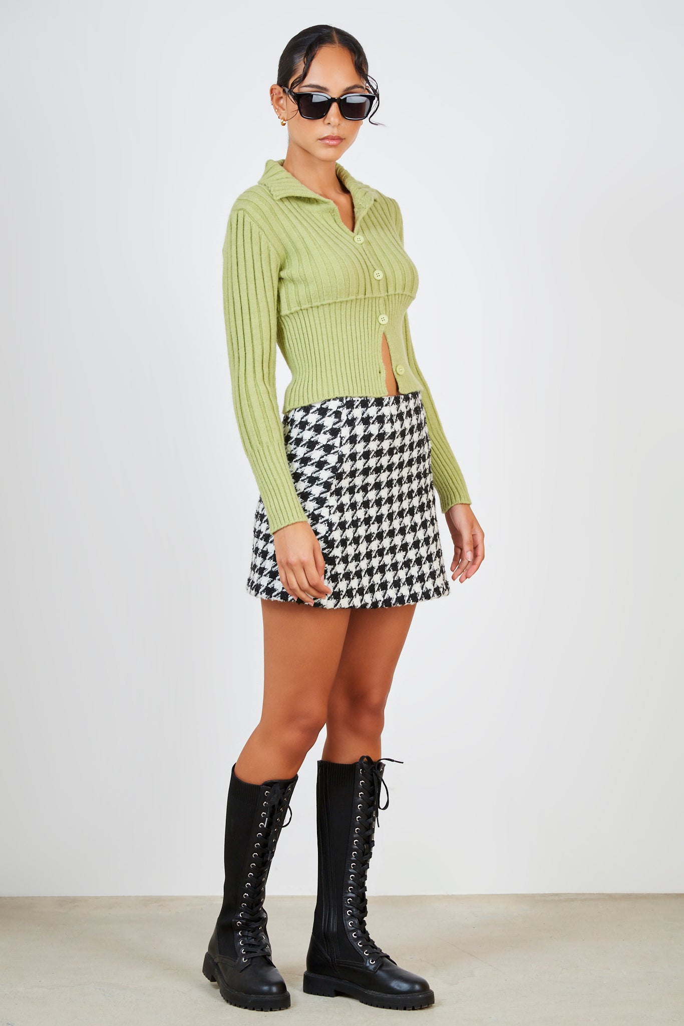 Green contrast ribbed collar cardigan_4