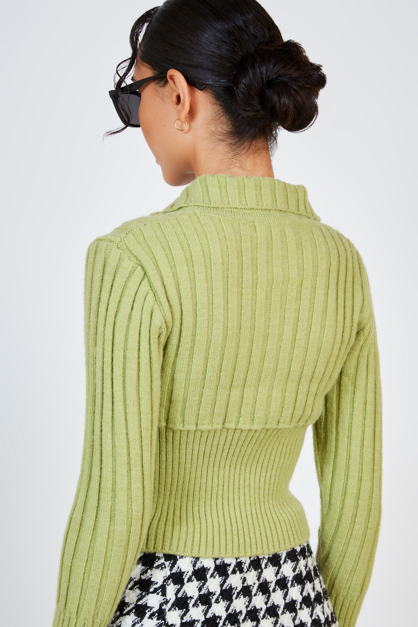 Green contrast ribbed collar cardigan_3
