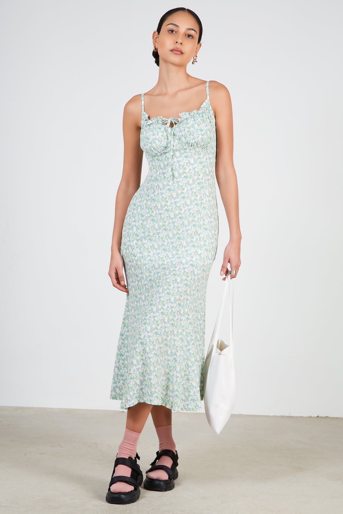 Green floral print tie bust dress_1