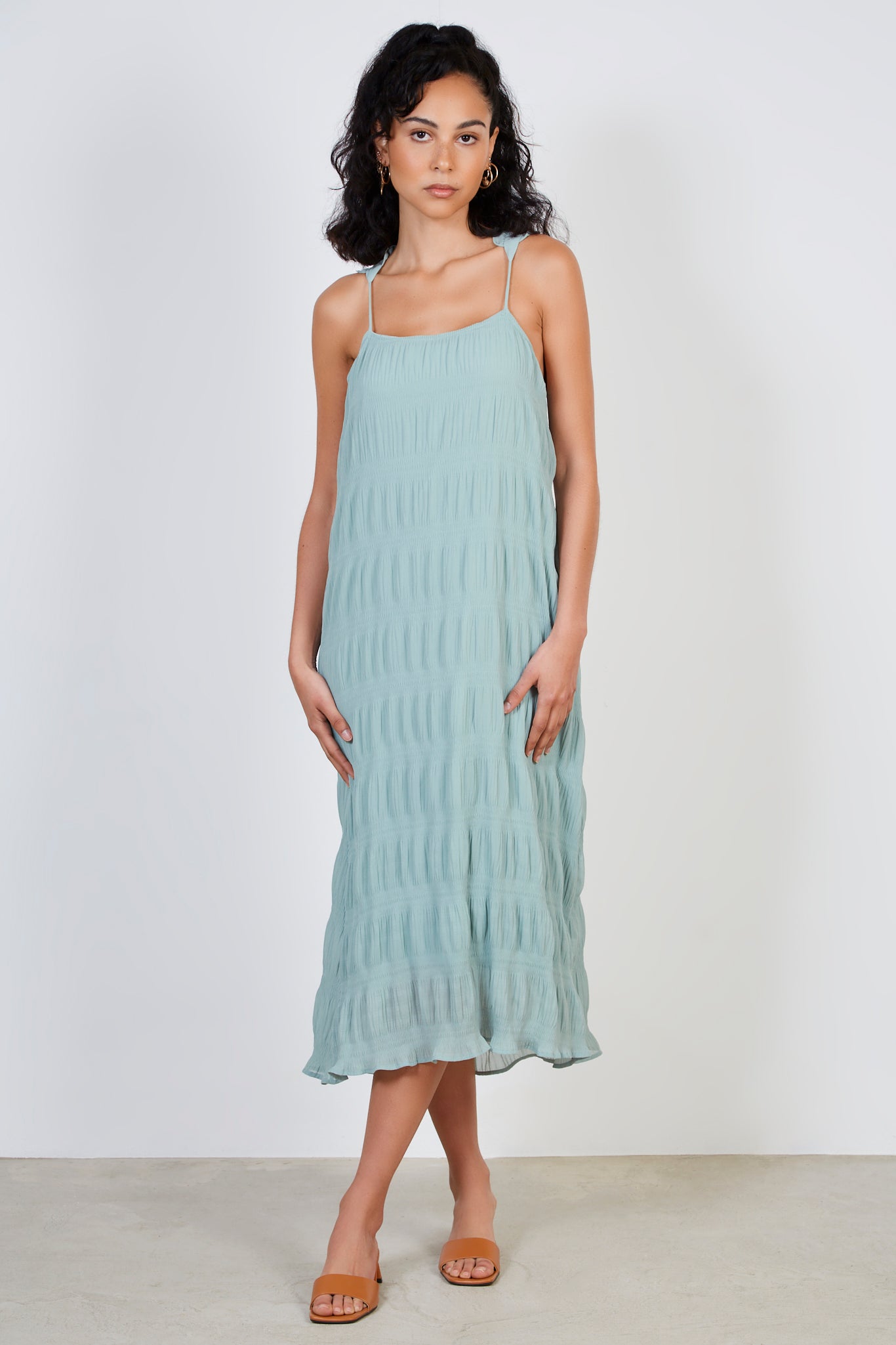 Green ruched ruffle tie strap dress