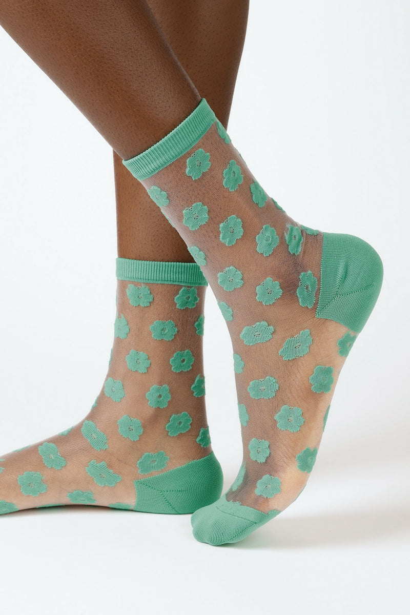 Green sheer tiny flower socks