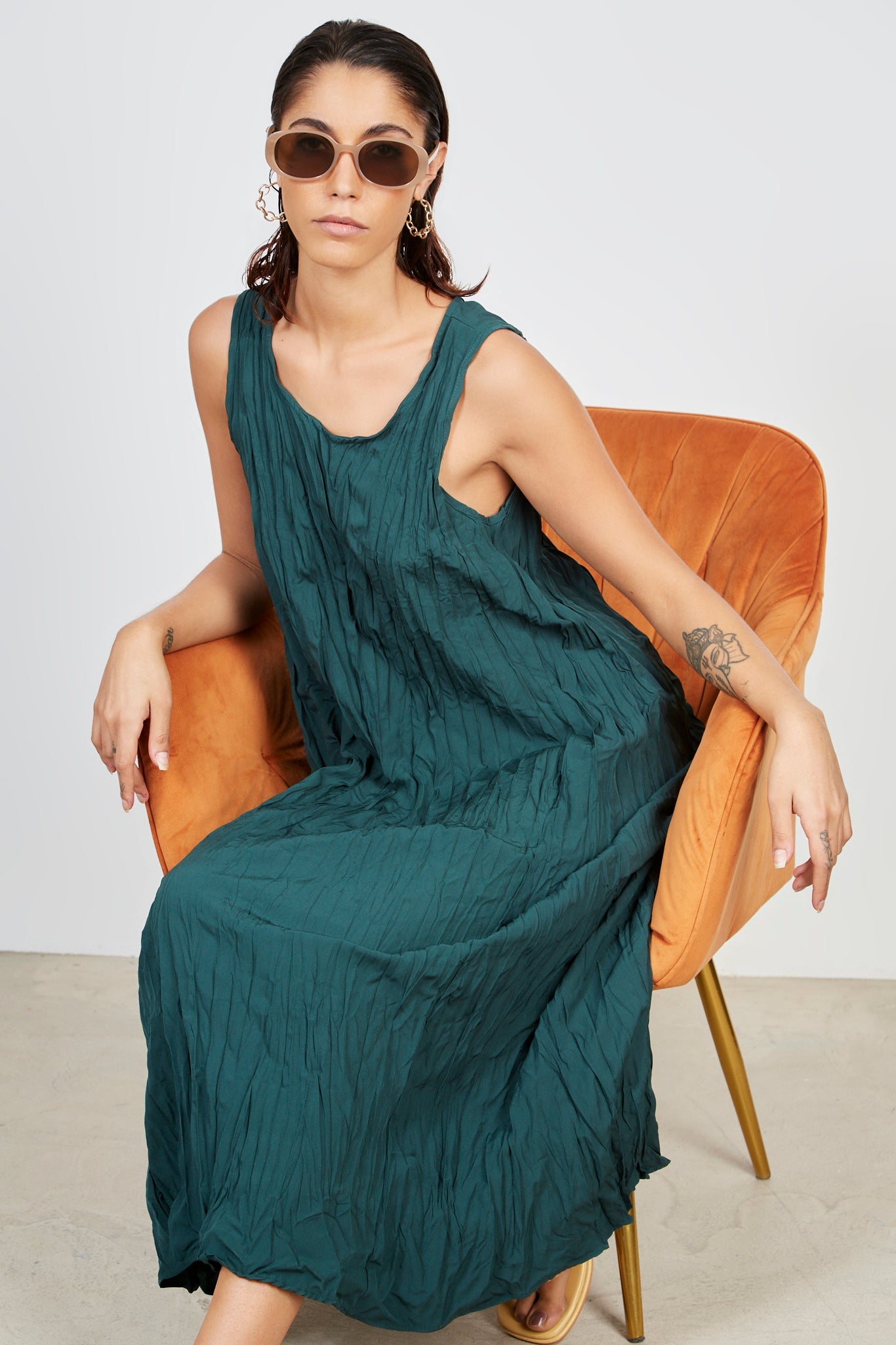 Green wrinkled simple shift dress_6