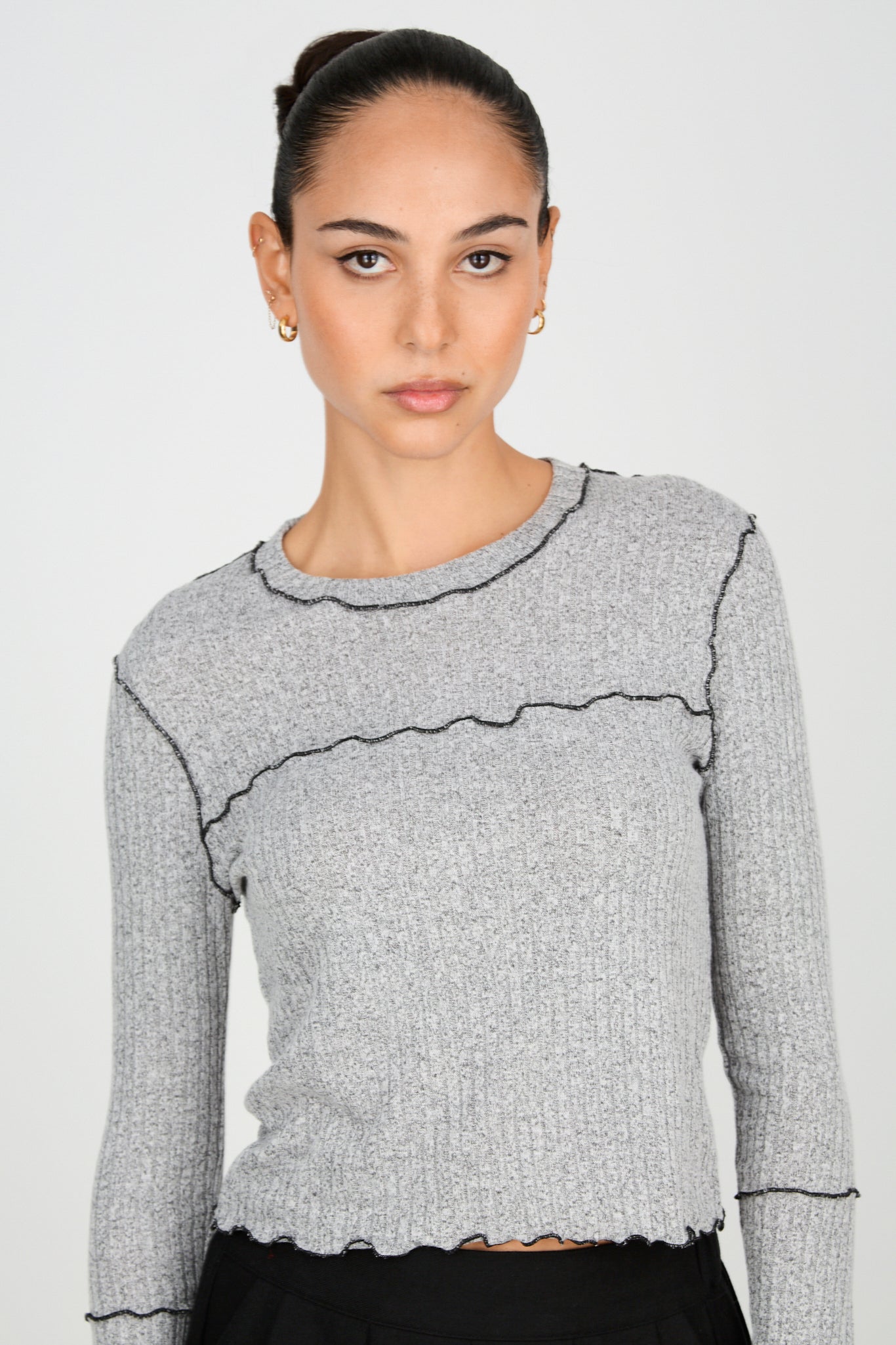 Grey and black horizontal trim long sleeved top_2