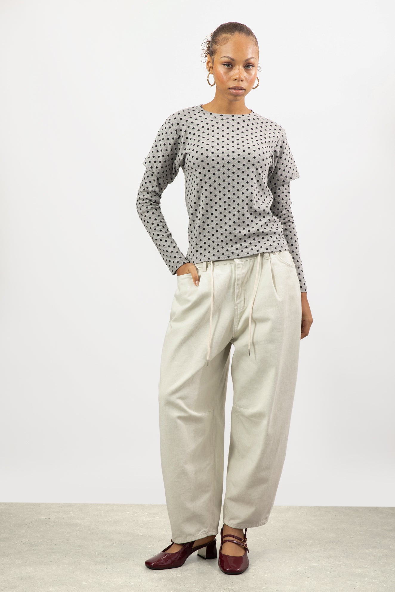 Grey and black polka dot layered long sleeve top_4