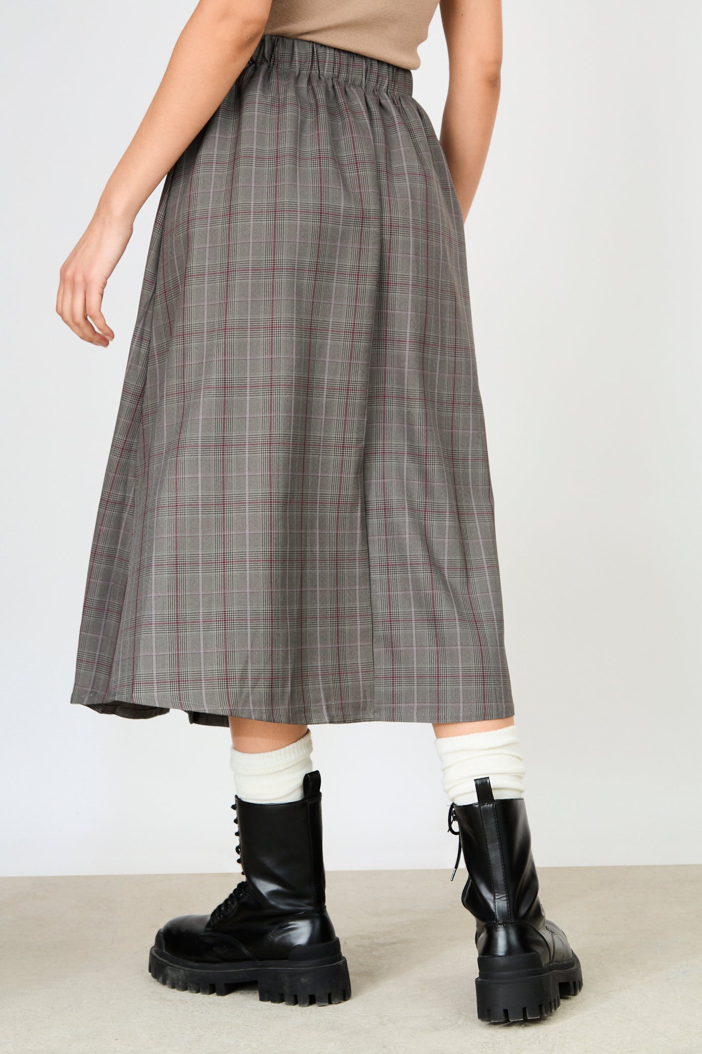 Grey and red smart check pleated skirt_2