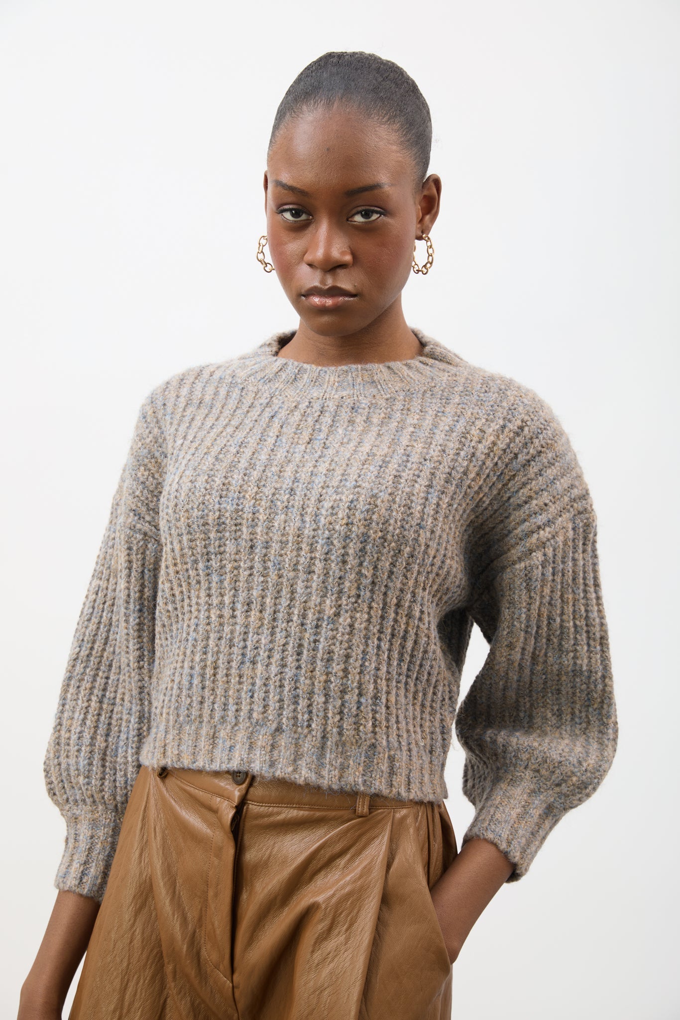Grey flecked chunky knit cropped jumper_1