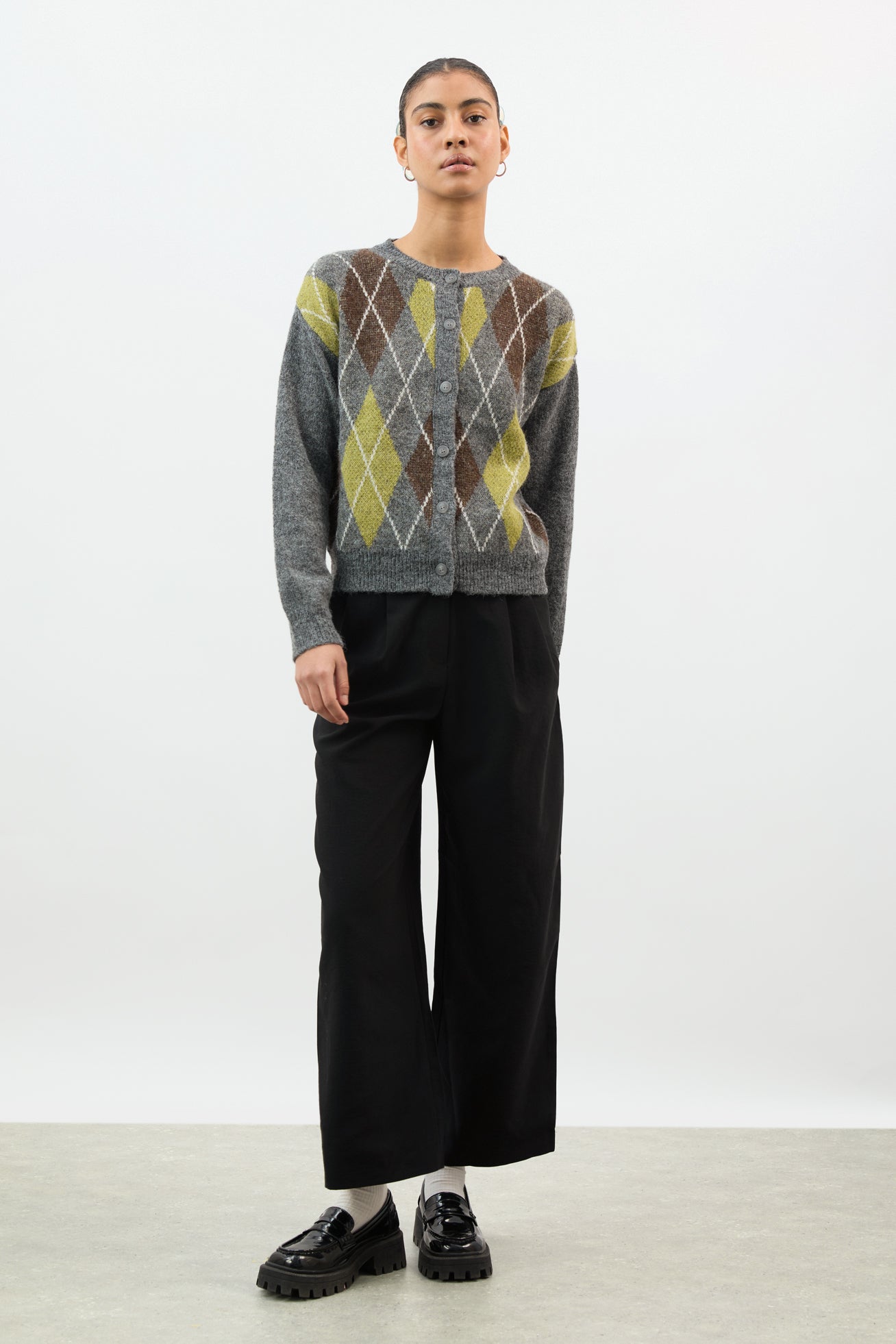 Grey green and brown argyle alpaca wool blend cardigan_4