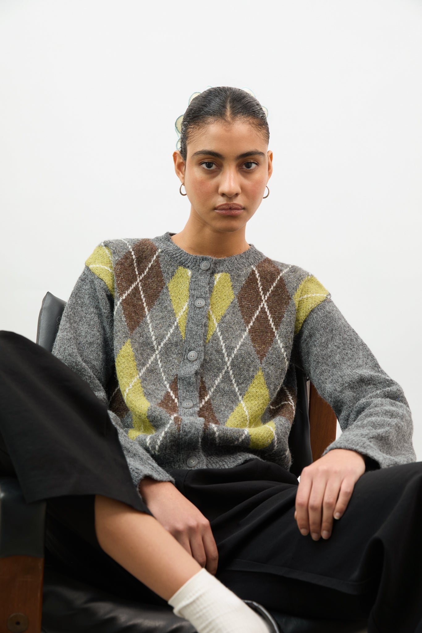 Grey green and brown argyle alpaca wool blend cardigan_5