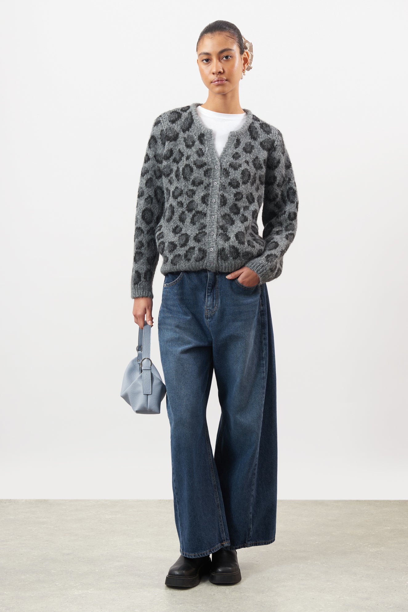 Grey leopard fuzzy wool blend cardigan_4