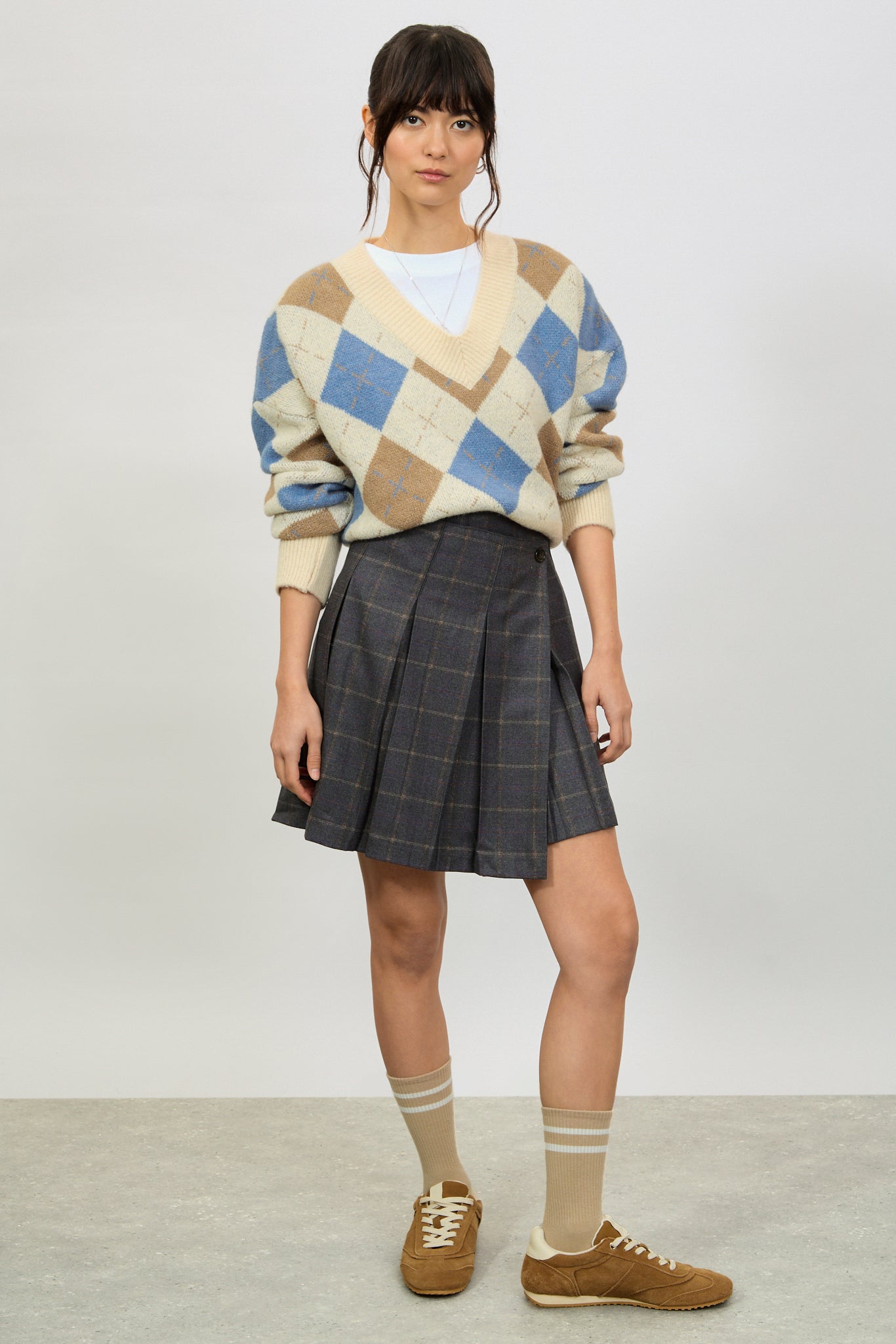 Grey tartan asymmetrical pleated mini skirt_4