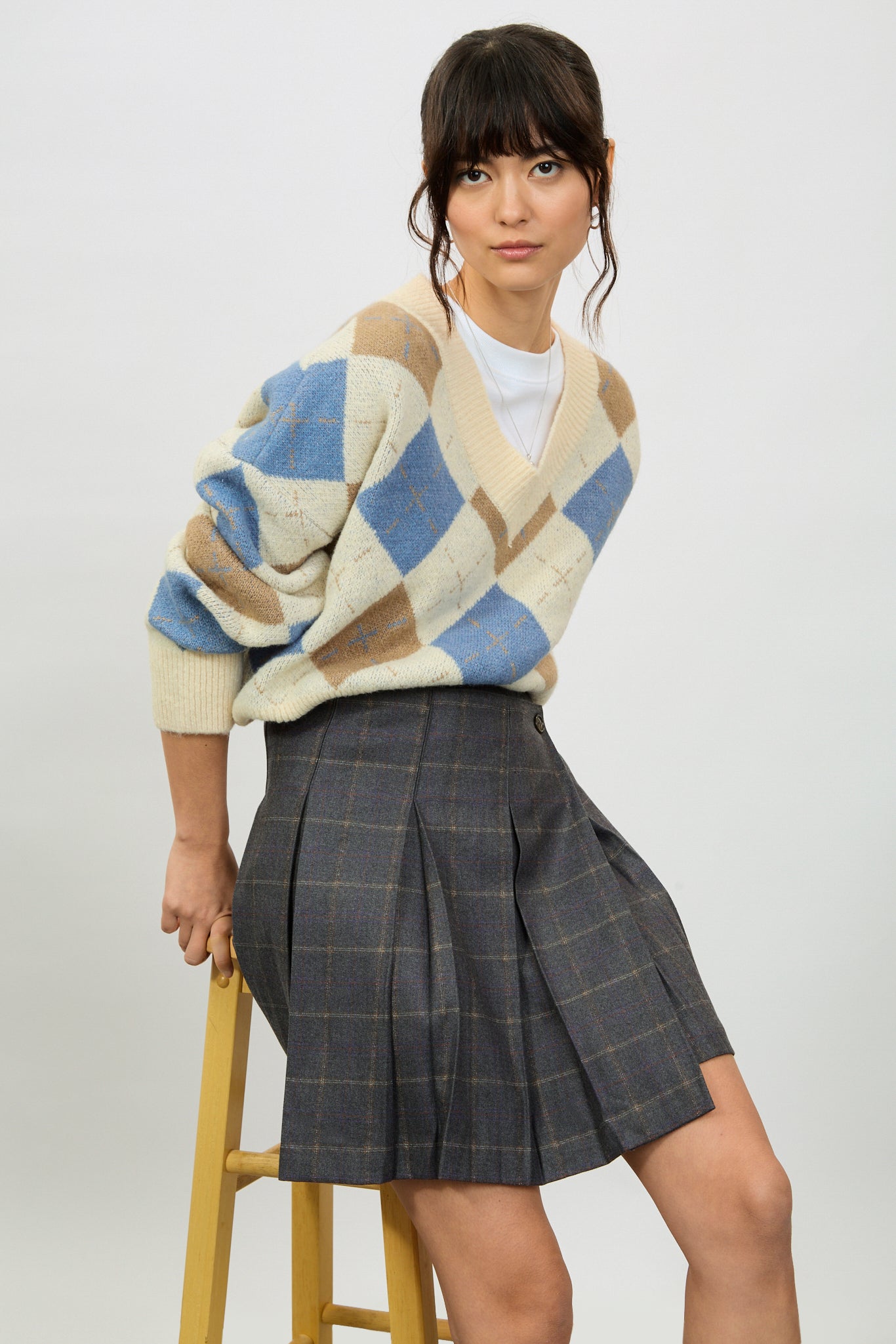 Grey tartan asymmetrical pleated mini skirt_5