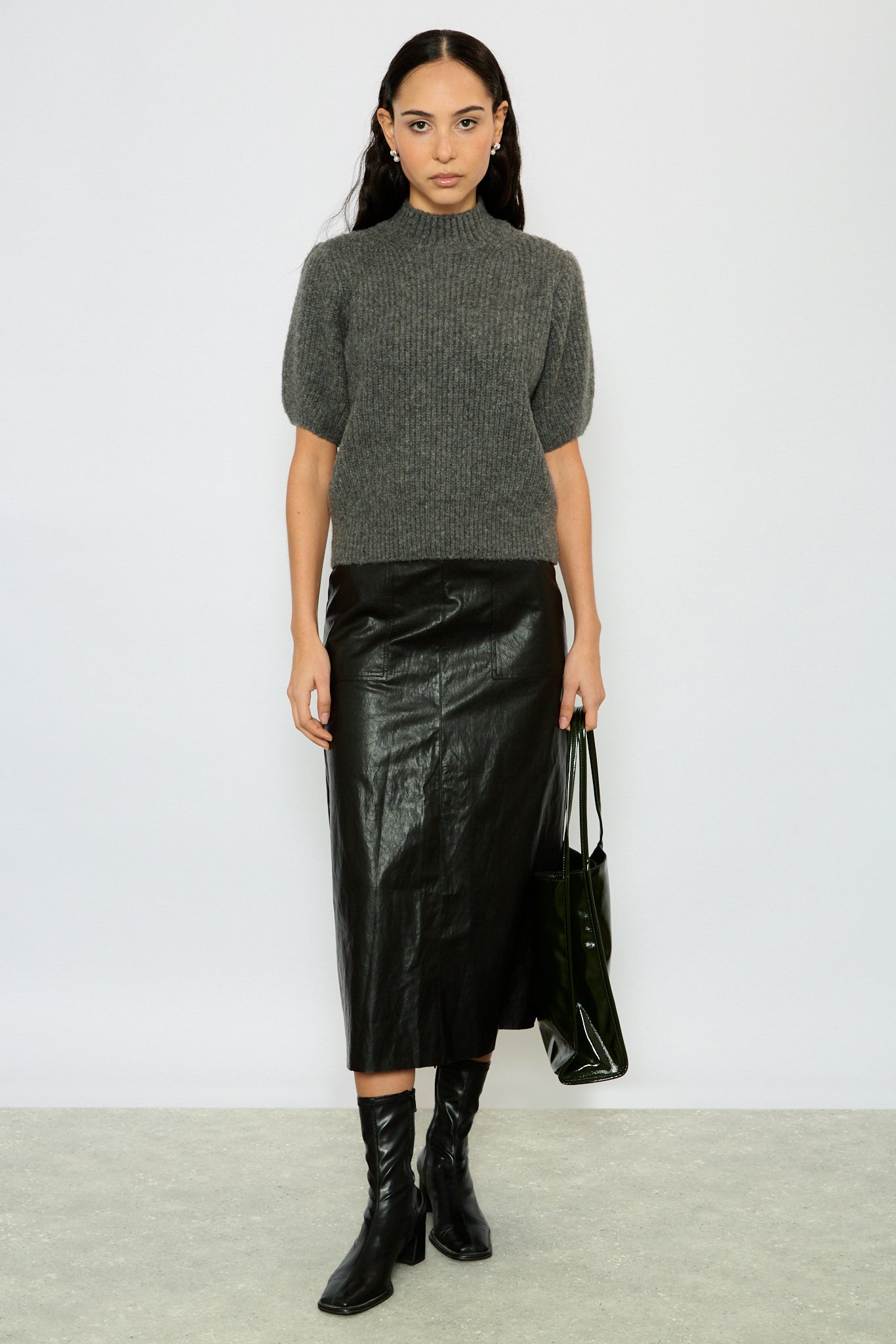 Grey wool blend puff sleeve knit top_5