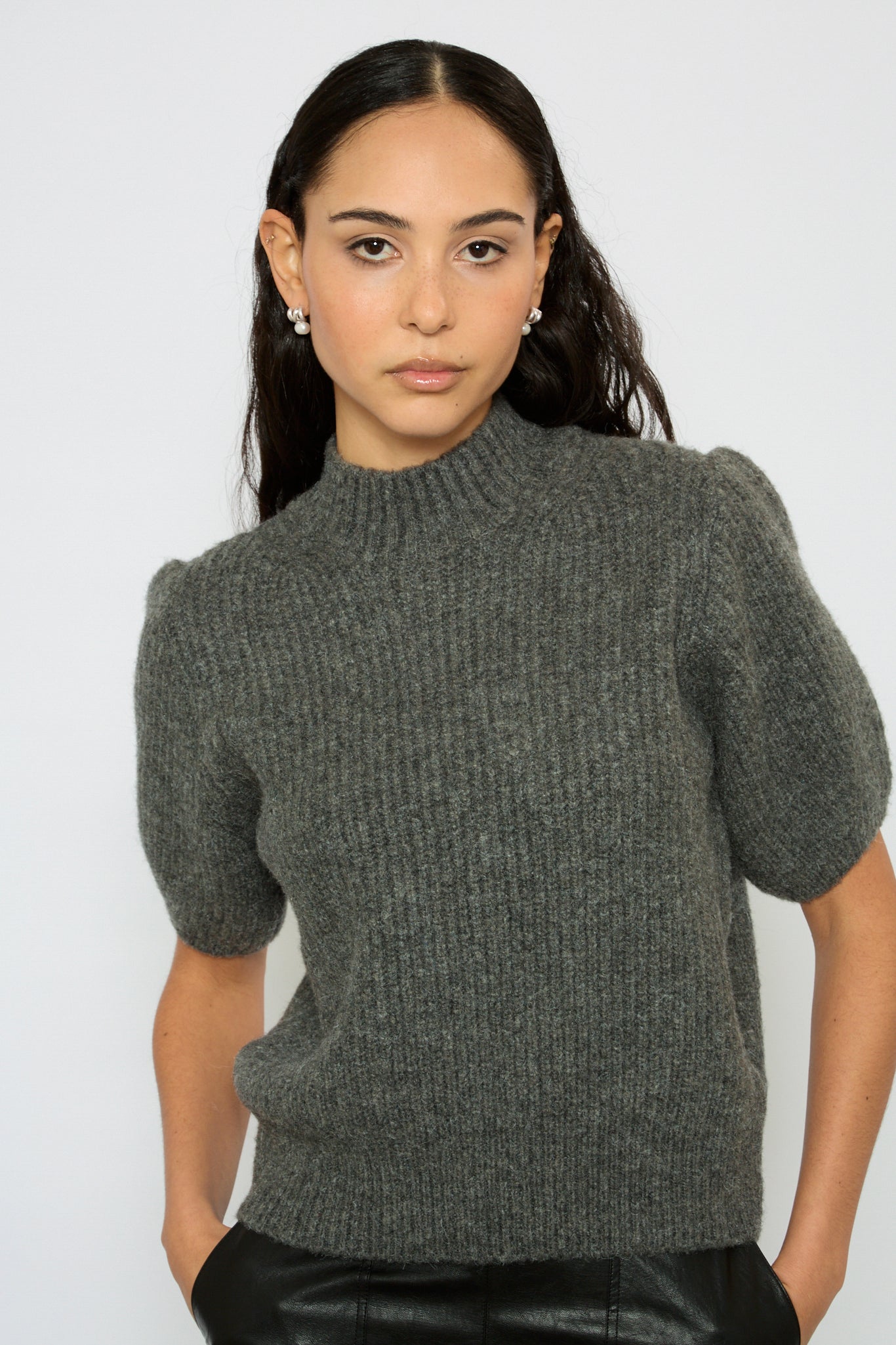 Grey wool blend puff sleeve knit top_1