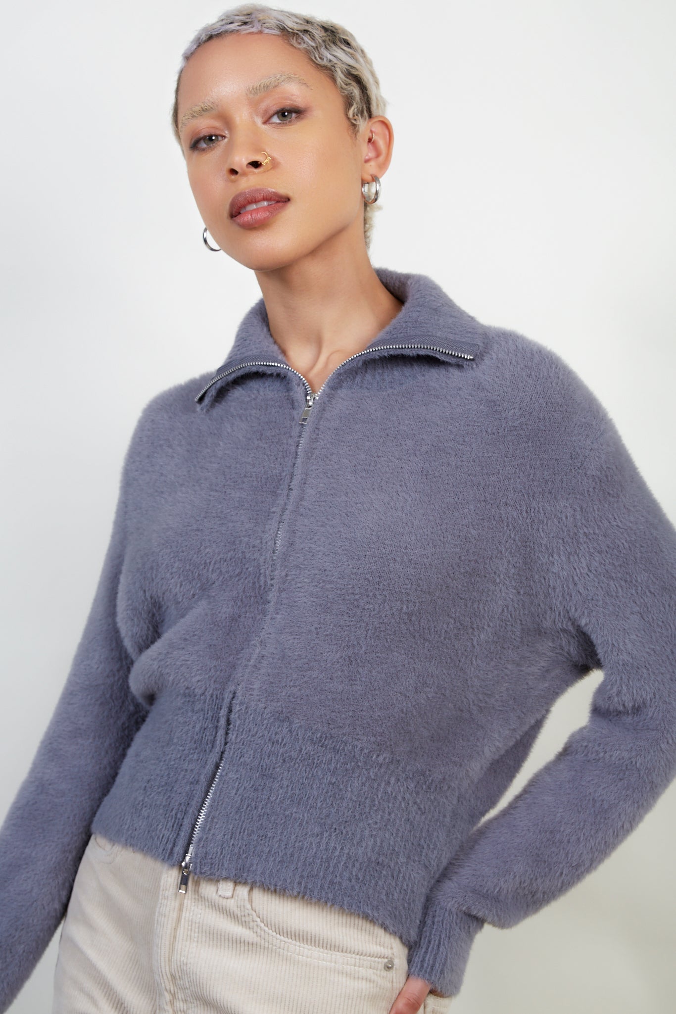 Grey fuzzy mock neck zip cardigan_1