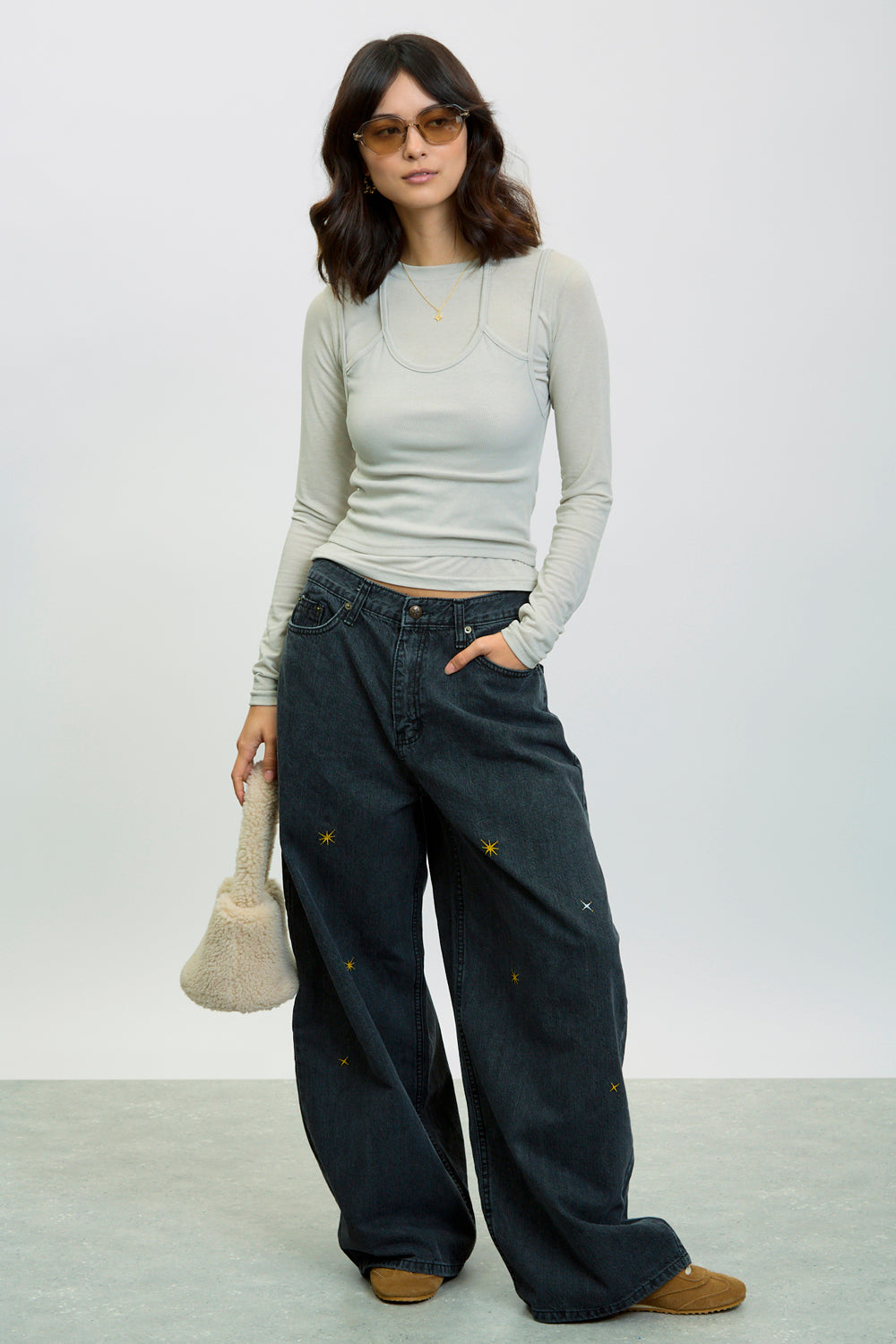 Greyish beige layered halter neck long sleeve top_4