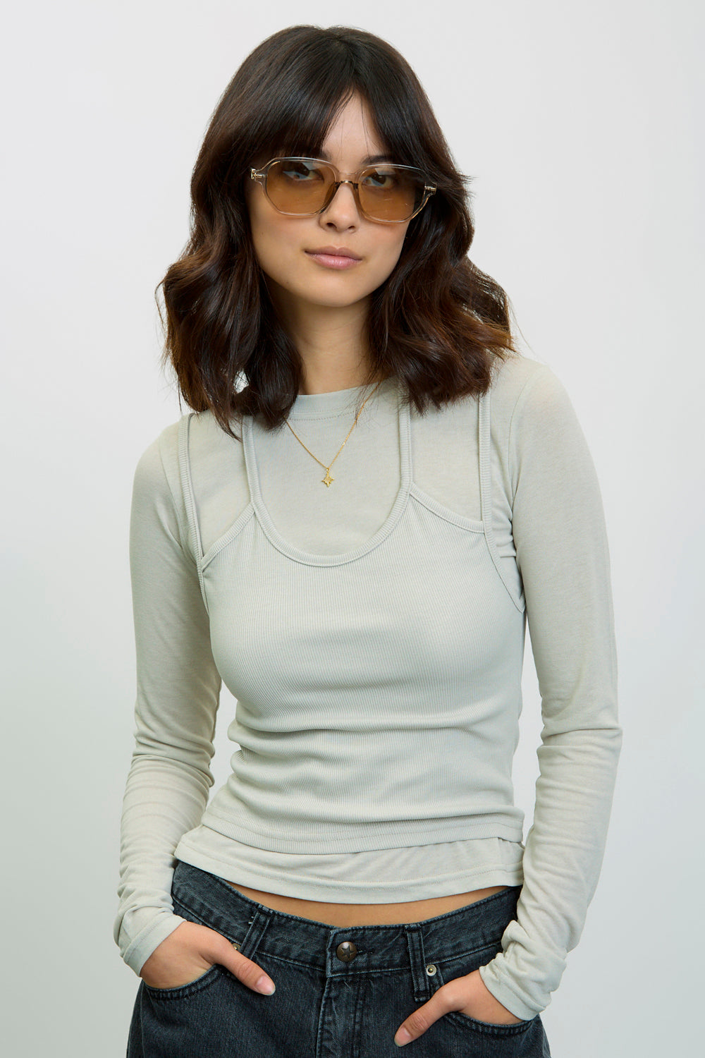 Greyish beige layered halter neck long sleeve top_1