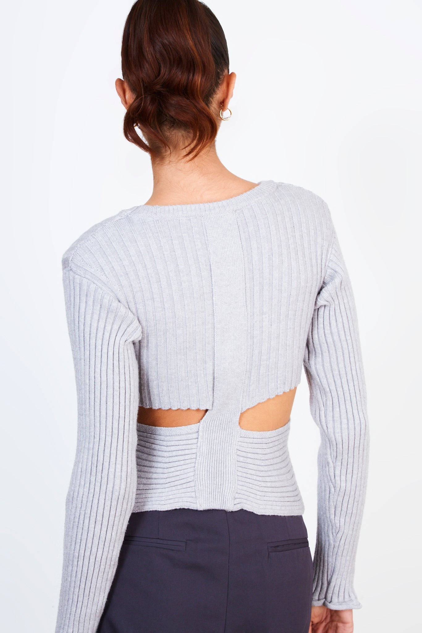 Grey ribbed slit back knit top_2