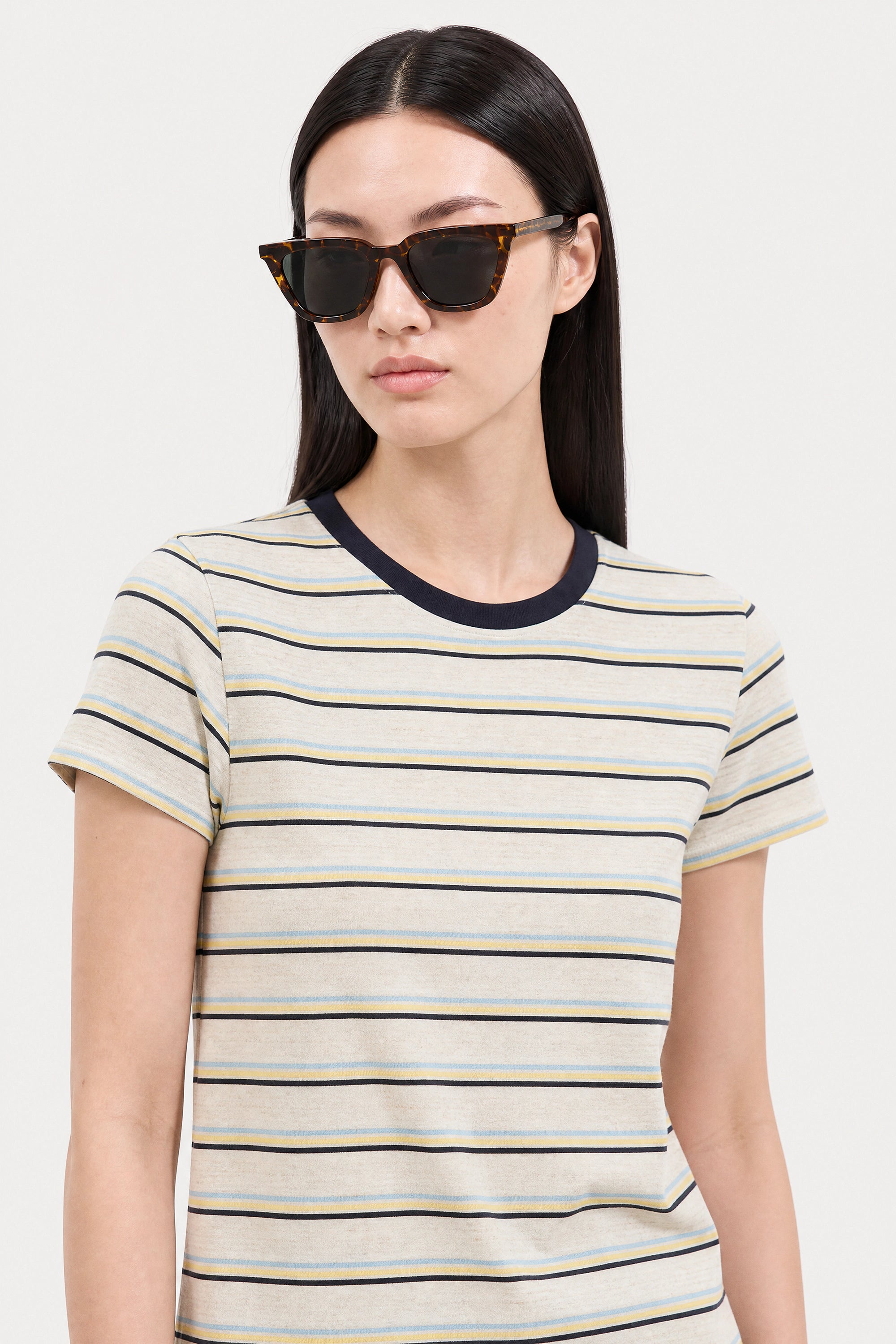 Heather beige blue and yellow striped contrast collar tee_4