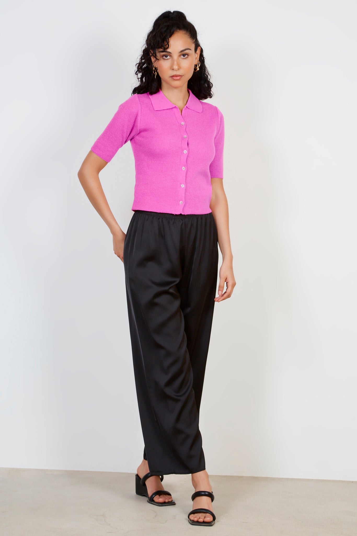 Hot pink bamboo blend button front knit tee_3