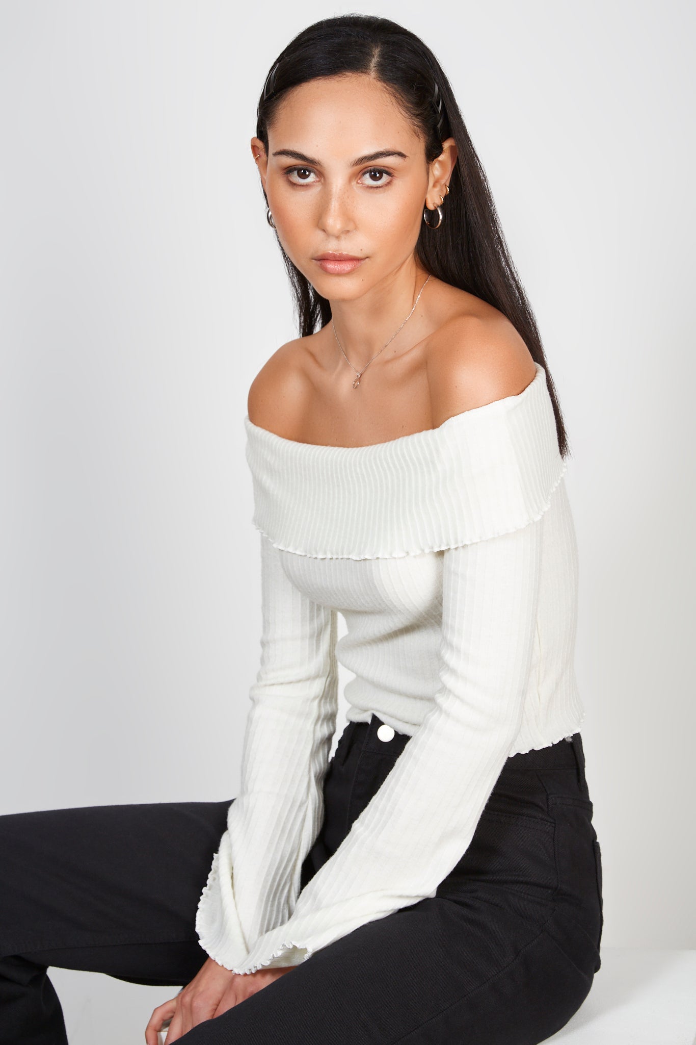 Ivory ribbed off shoulder ruffle trim top_1