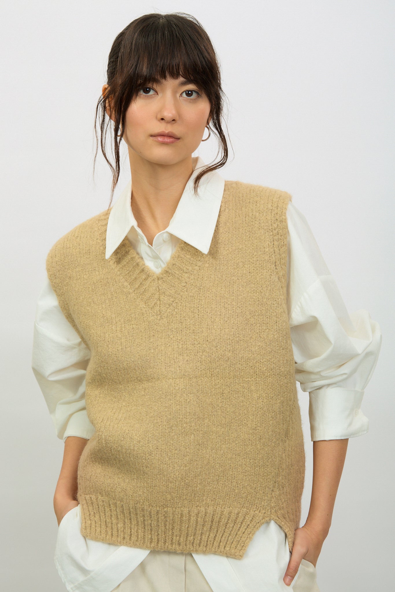 Ivory alpaca wool blend V neck sweater vest_2