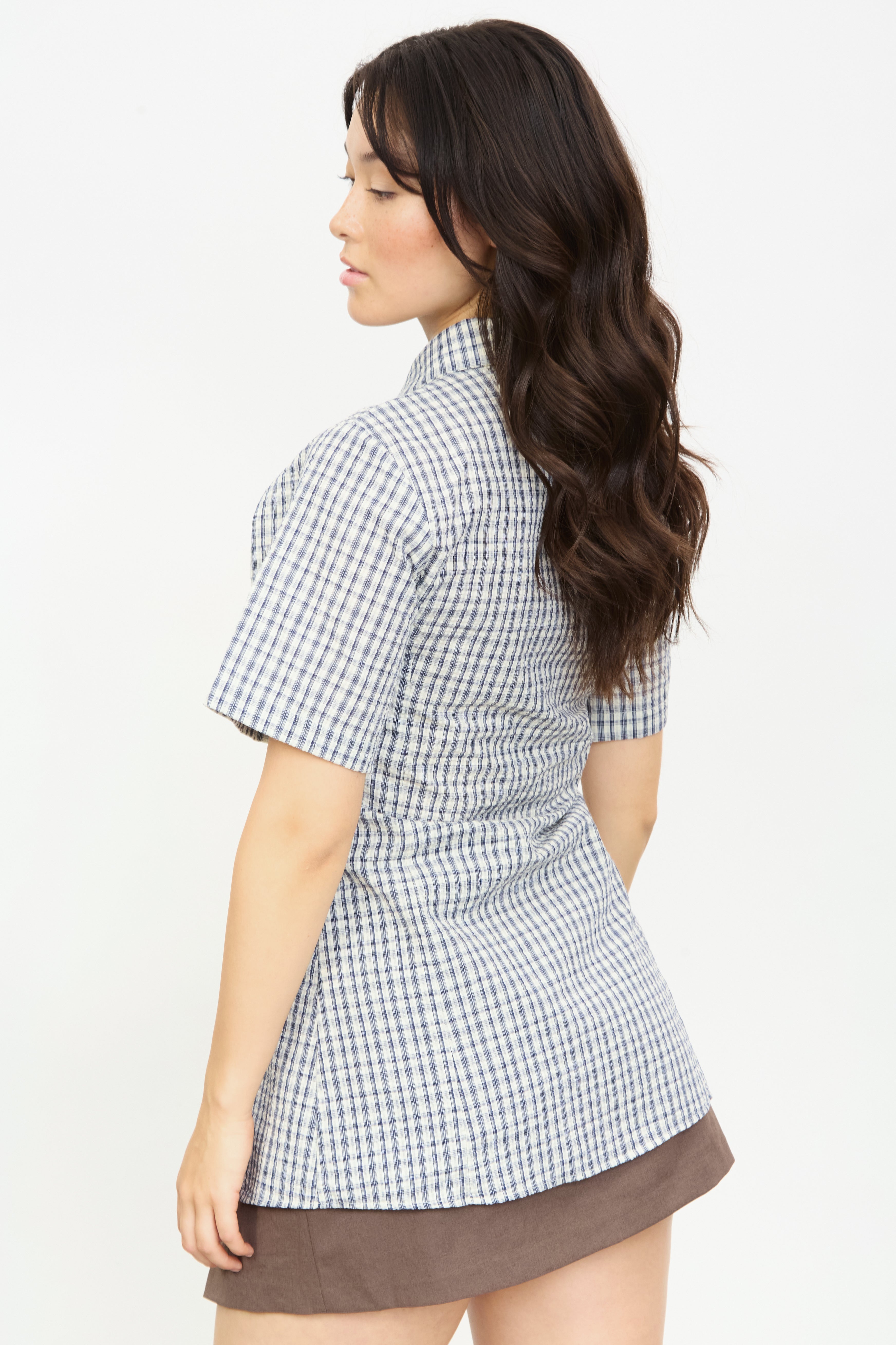 Ivory and black checked fitted short sleeve shirt_2