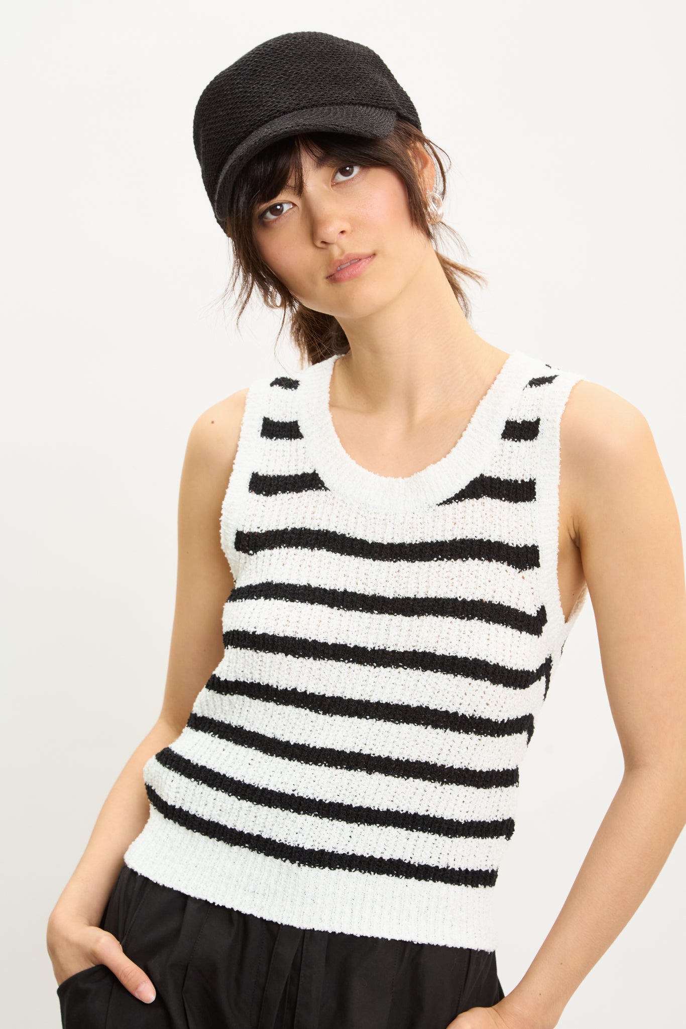 Ivory and black horizontal stripe knit vest_1