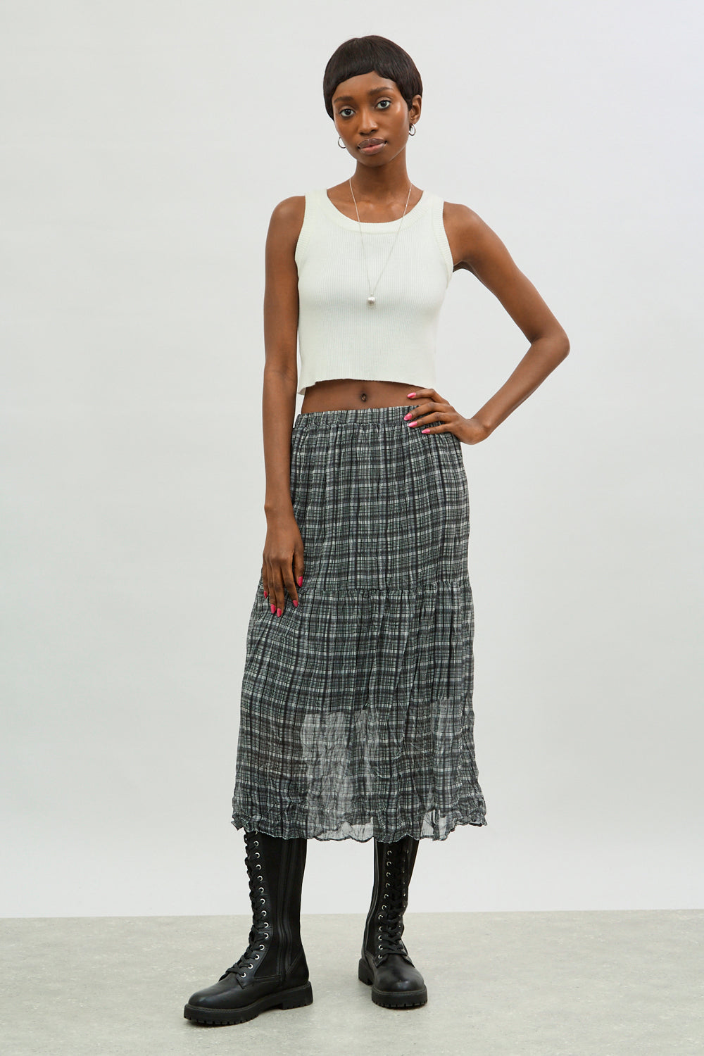 Ivory and black plaid tiered midi skirt_4