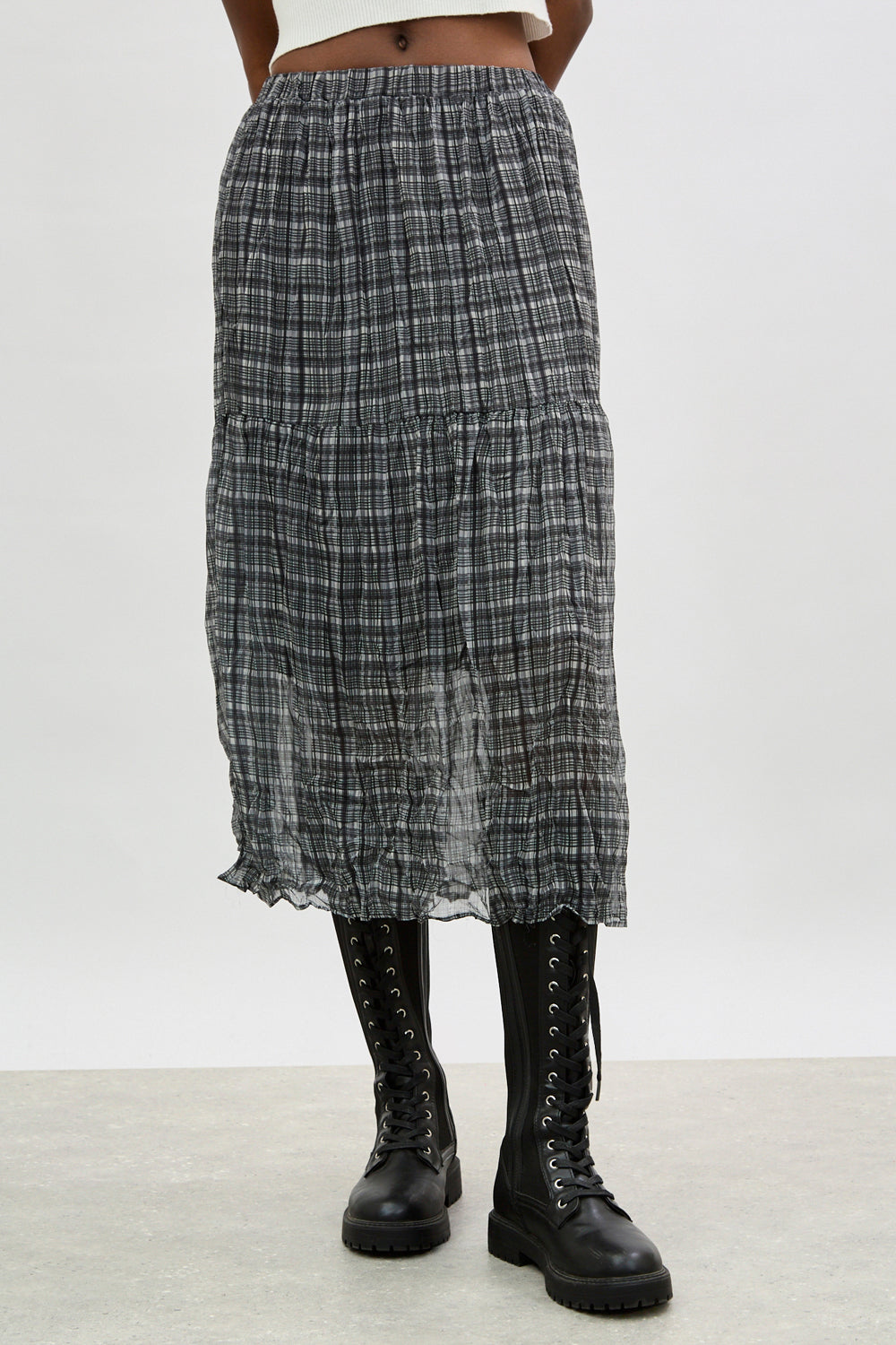 Ivory and black plaid tiered midi skirt_1