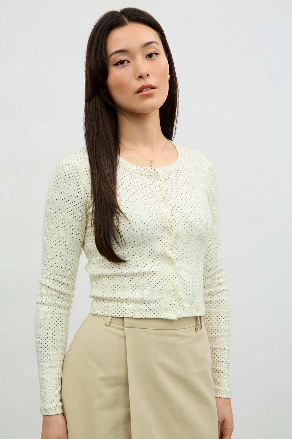 Ivory and black polka dot button up top_1