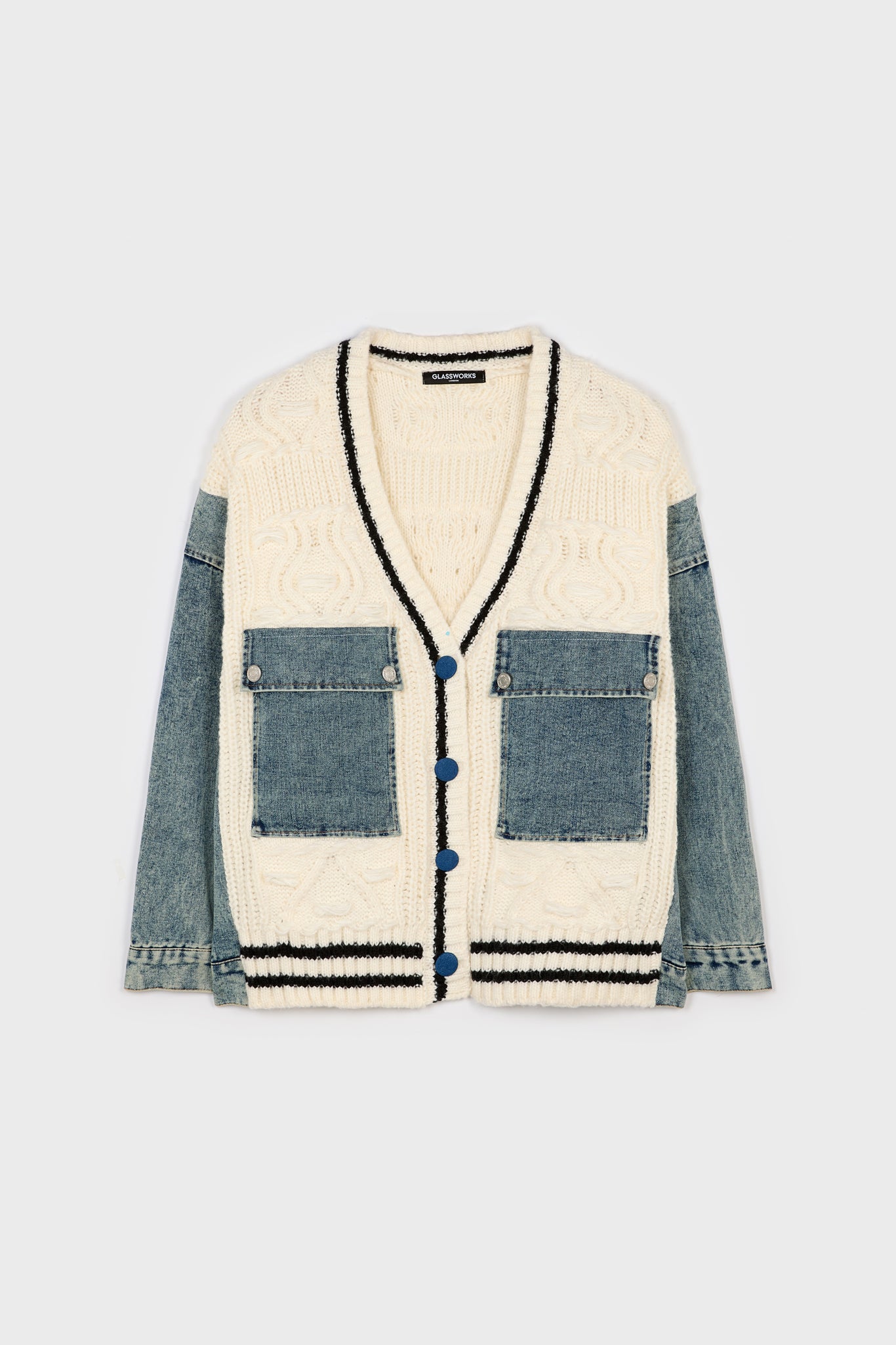 Ivory and blue denim wool blend varsity cardigan jacket_6