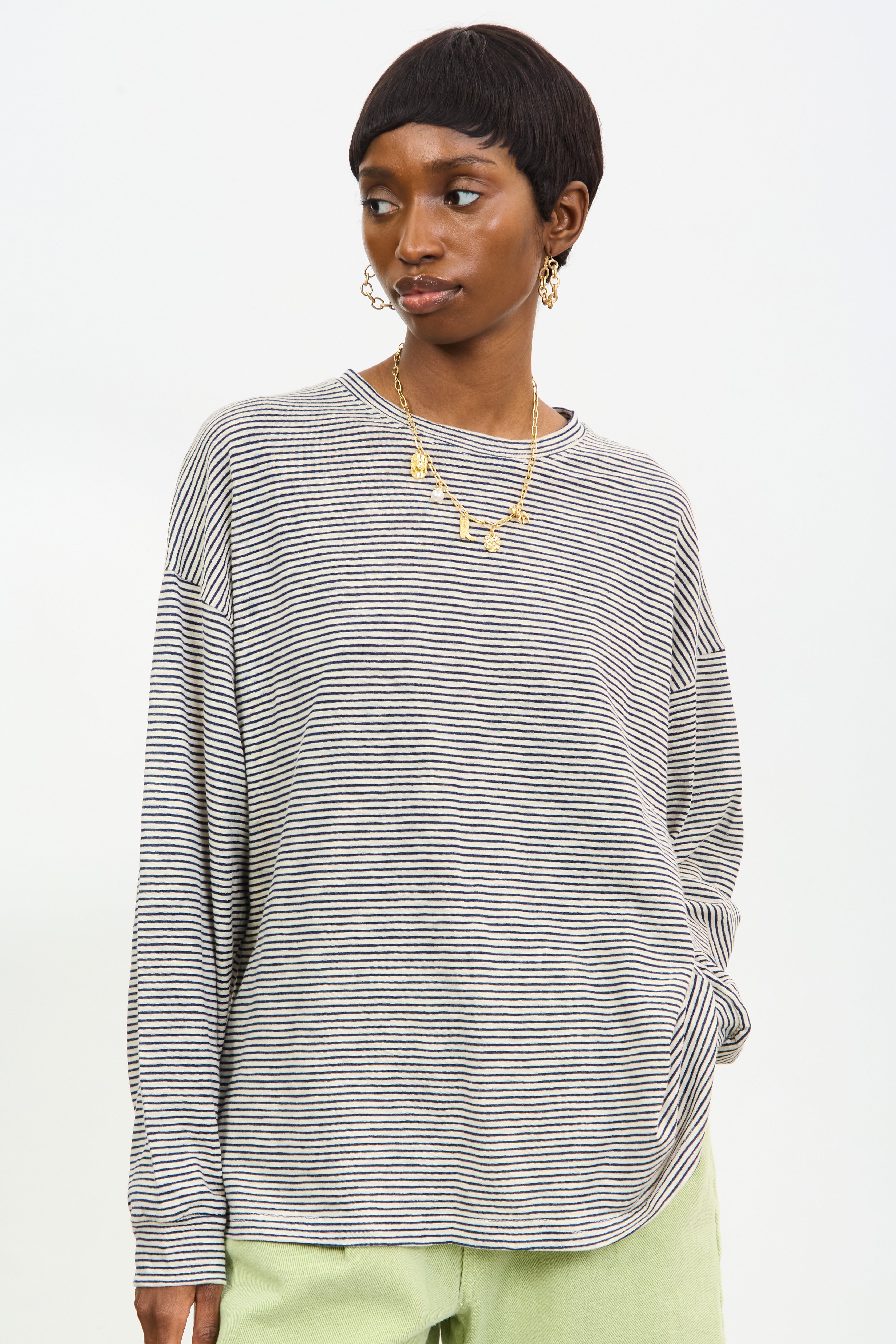 Ivory and navy horizontal stripe long sleeve tee_1