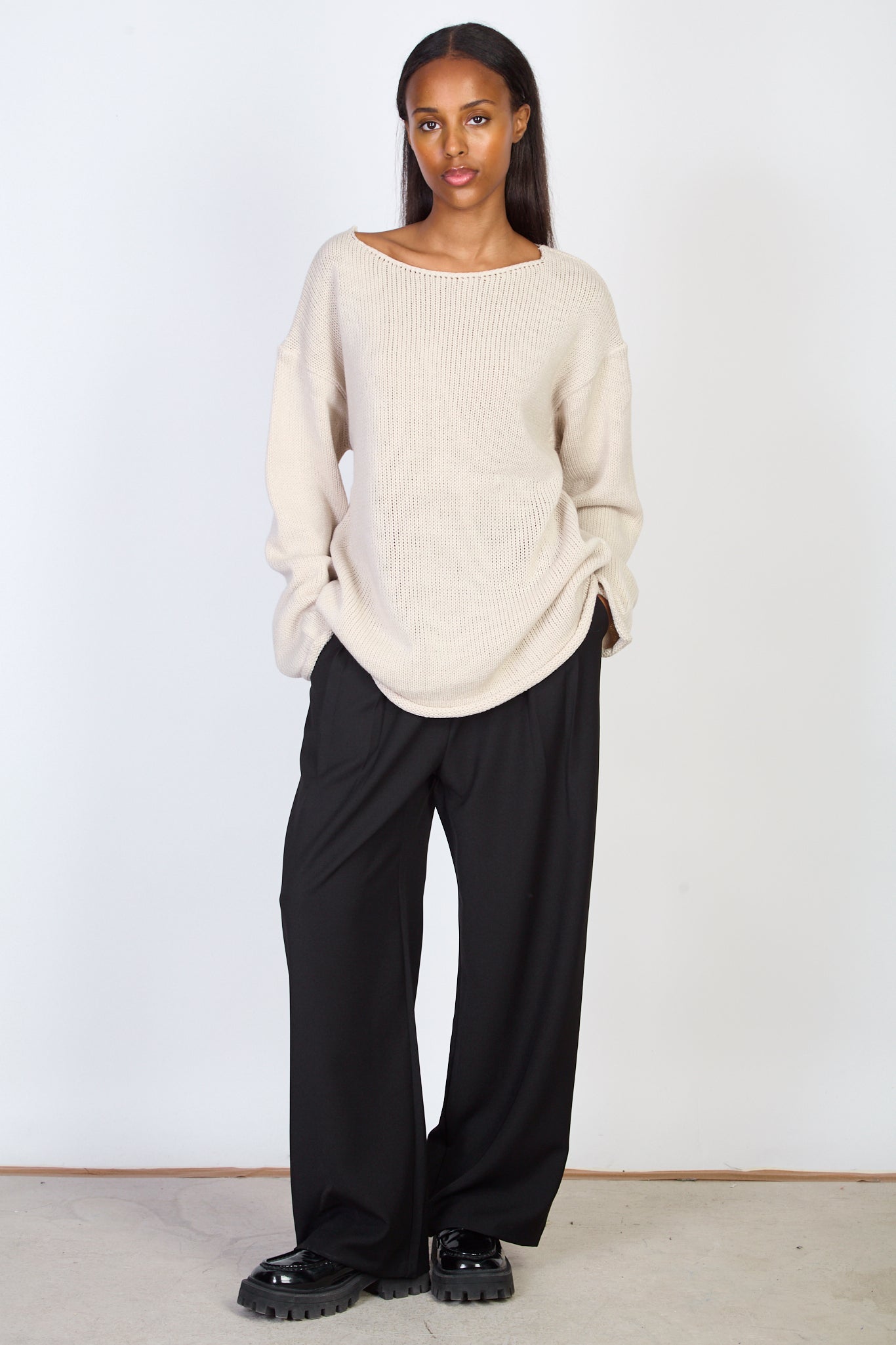 Ivory boat neck long roll hem jumper_4