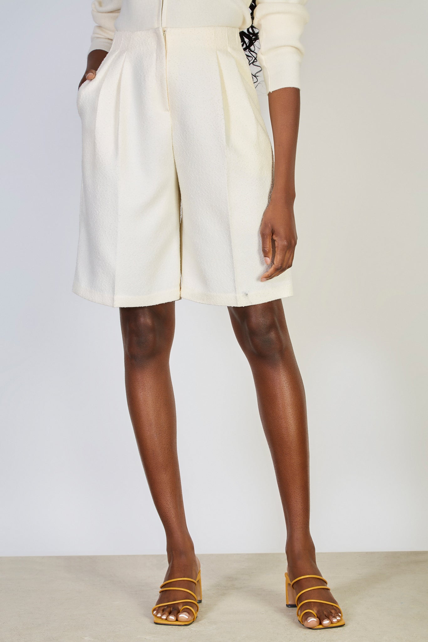 Ivory boucle long tailored shorts_1