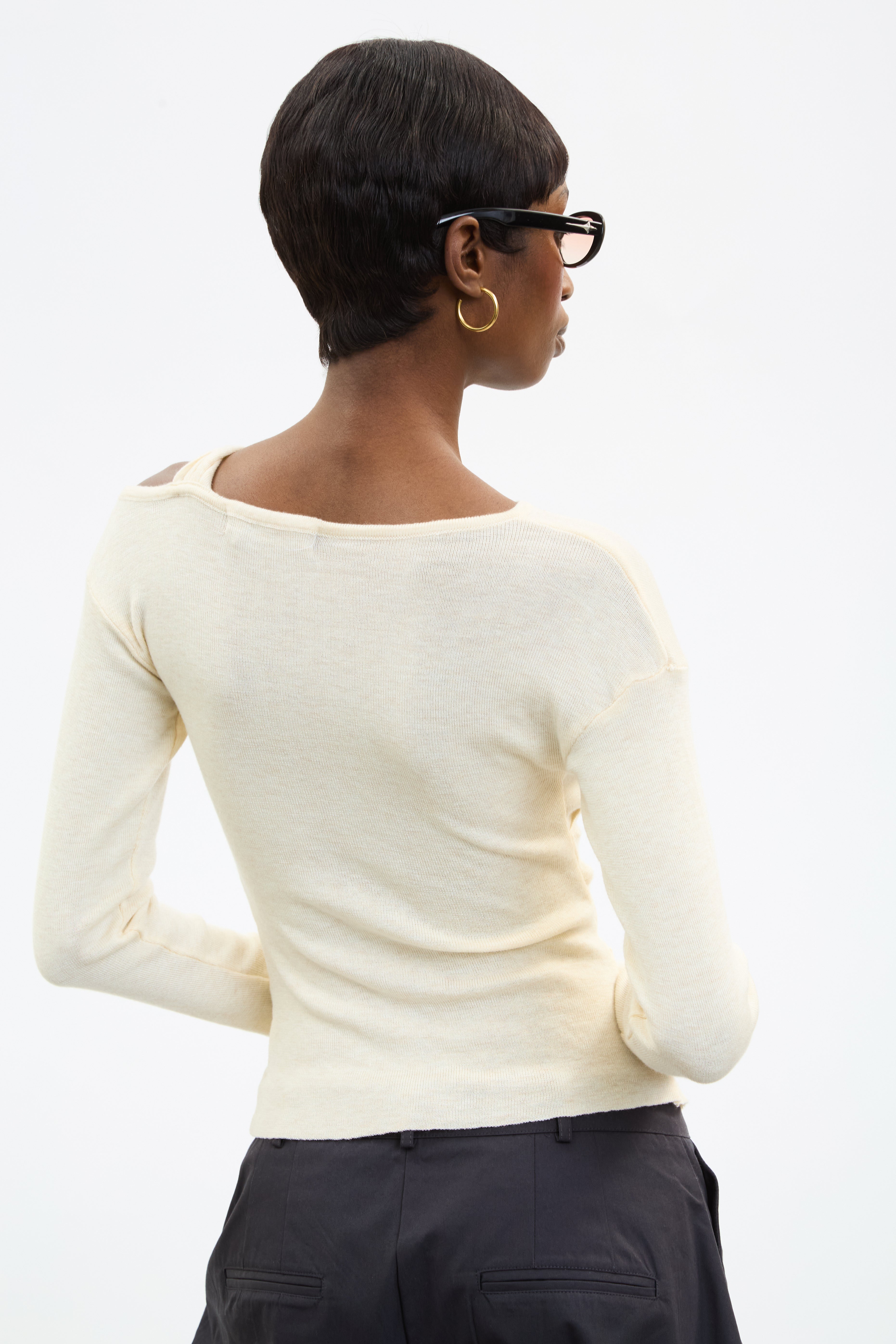 Ivory draped front long sleeve knit top_2