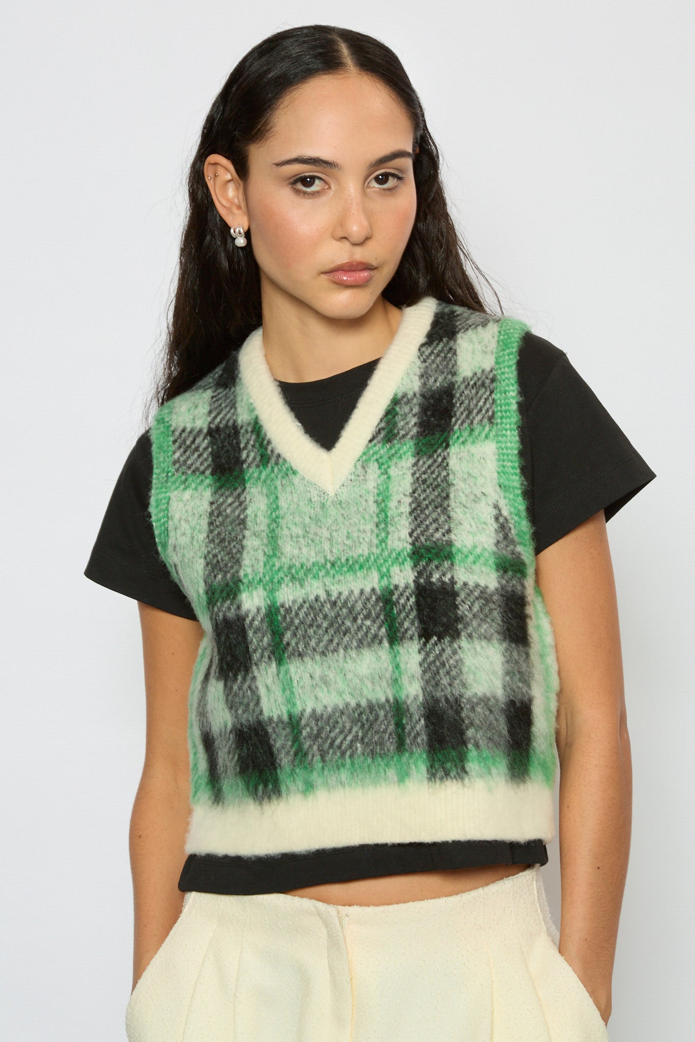 Ivory green and black fuzzy plaid sweater vest_1