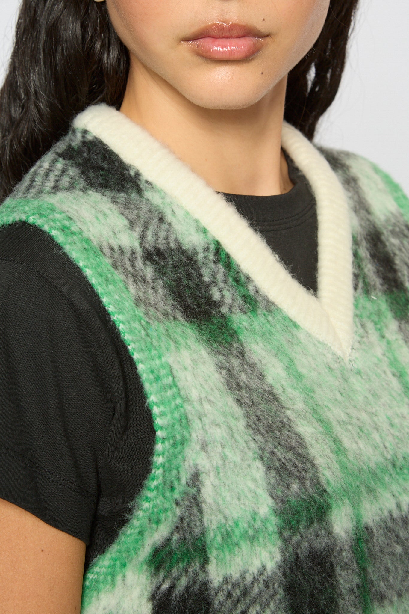 Ivory green and black fuzzy plaid sweater vest_3