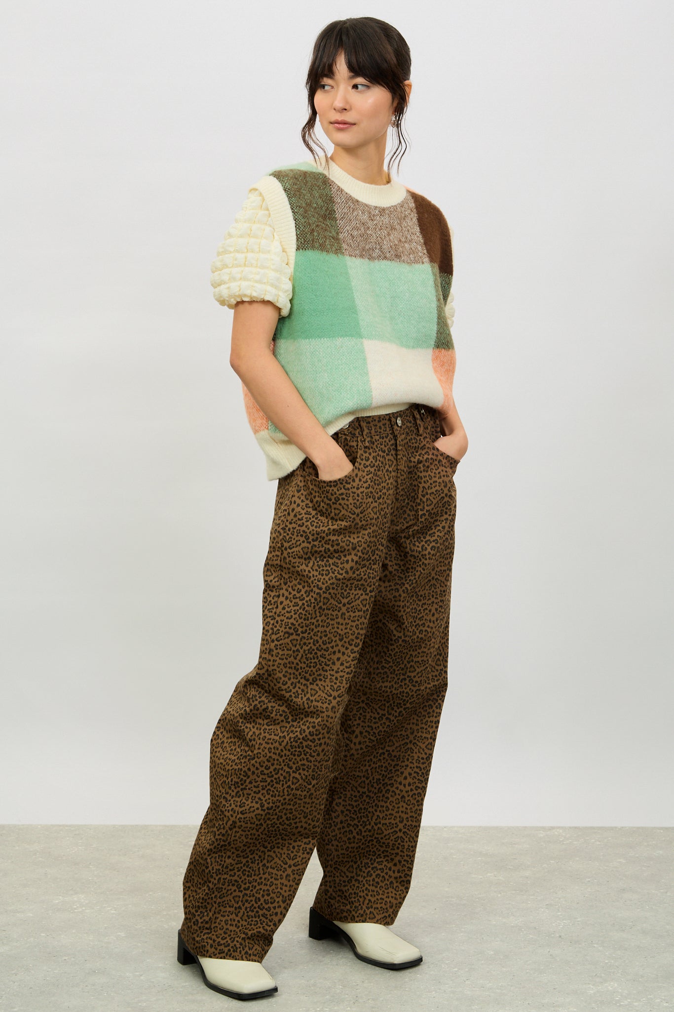 Ivory green and orange check sweater vest_5