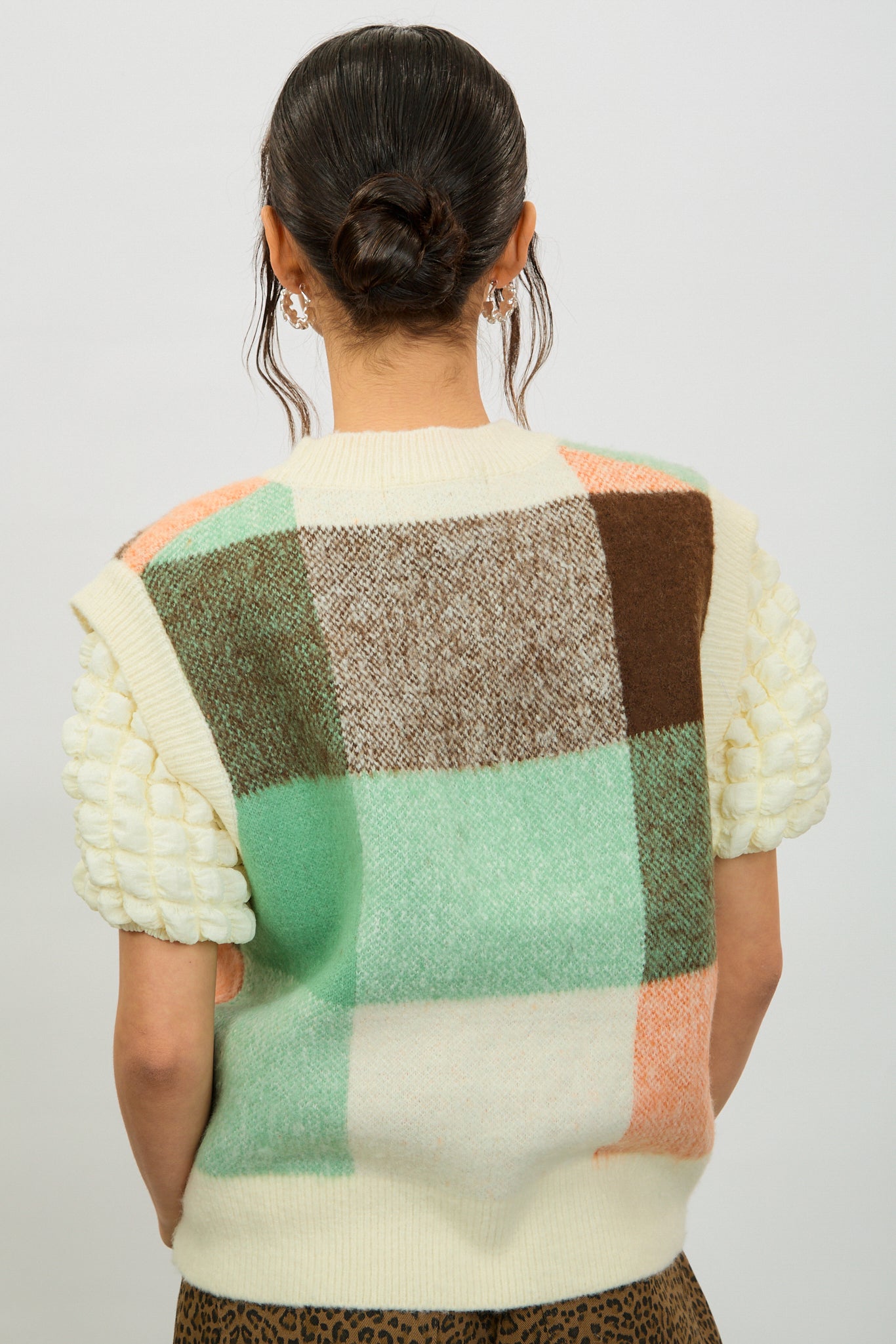 Ivory green and orange check sweater vest_3