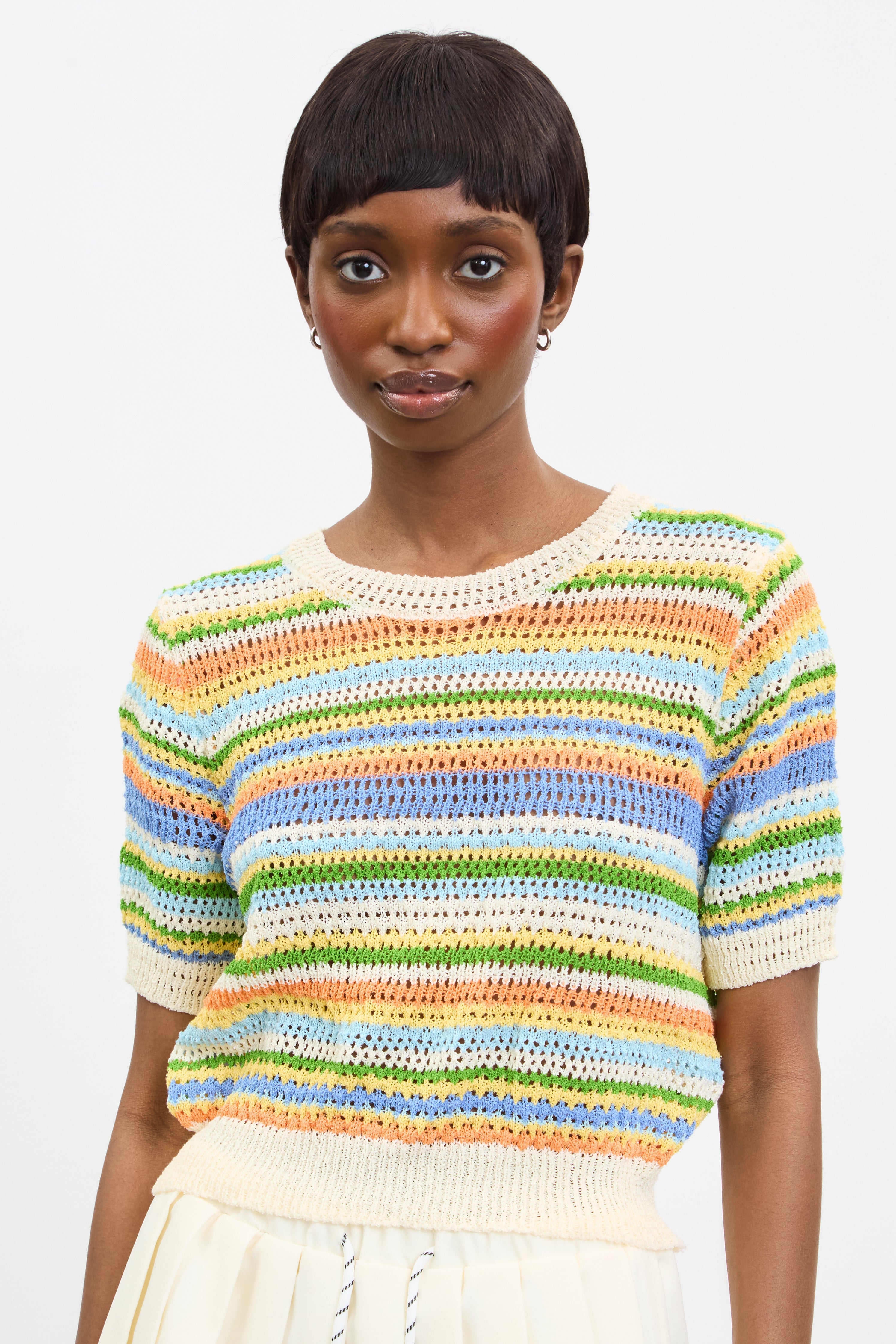 Ivory green and orange striped crochet knit tee_1