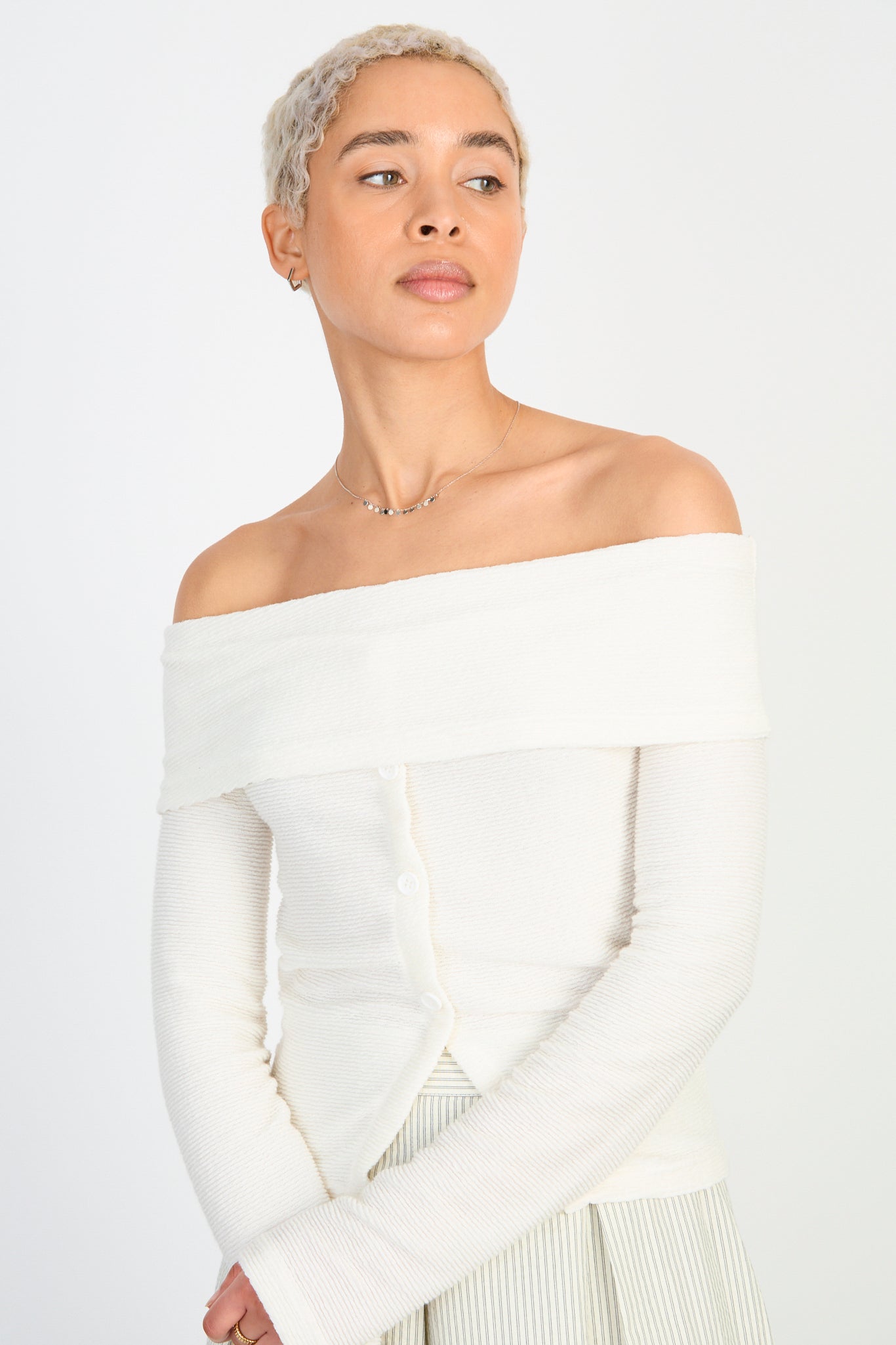 Ivory off shoulder button front top_1